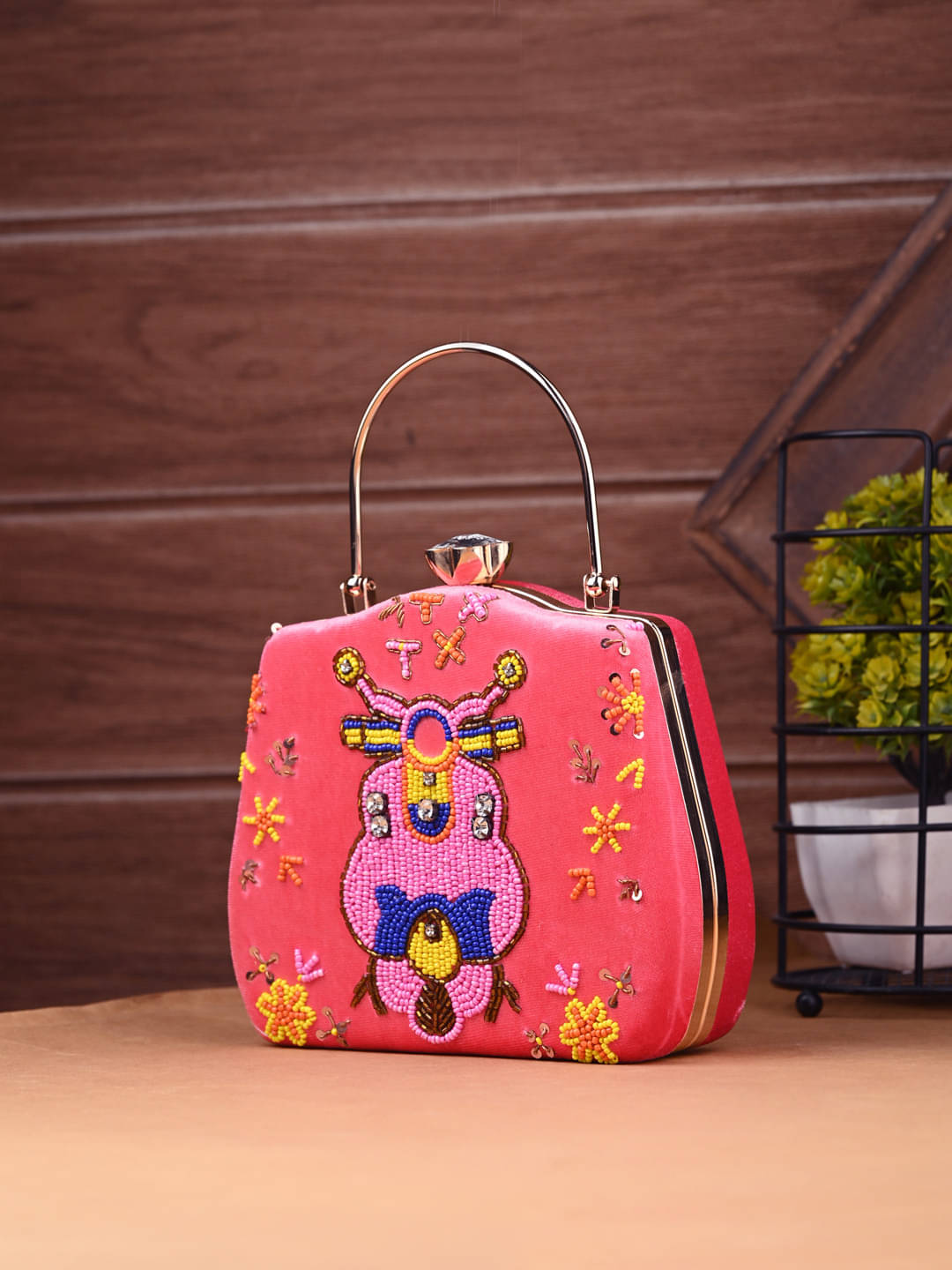     			Tooba Handicraft Pink Fabric Box Clutch