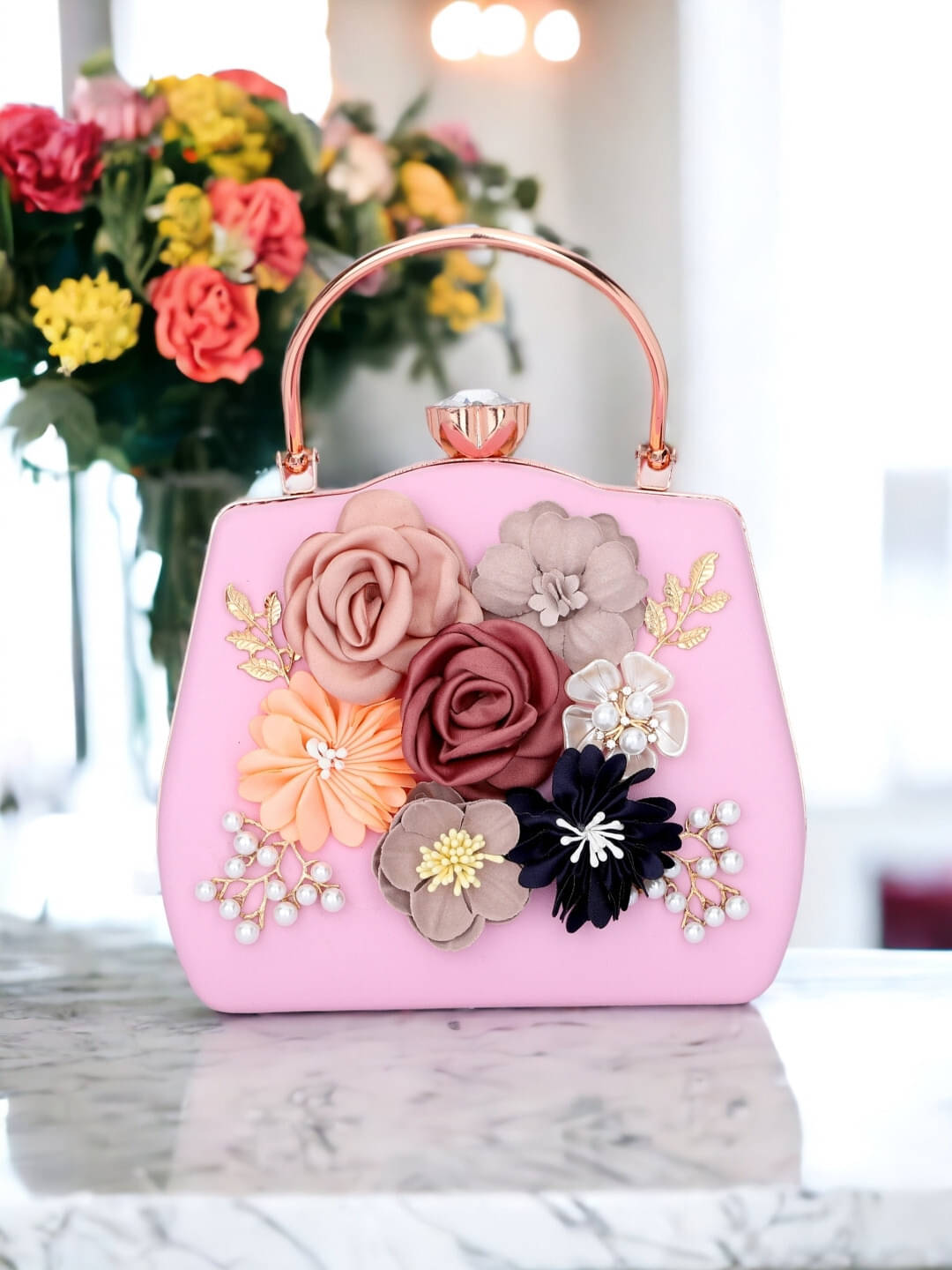     			Tooba Handicraft Pink Fabric Box Clutch