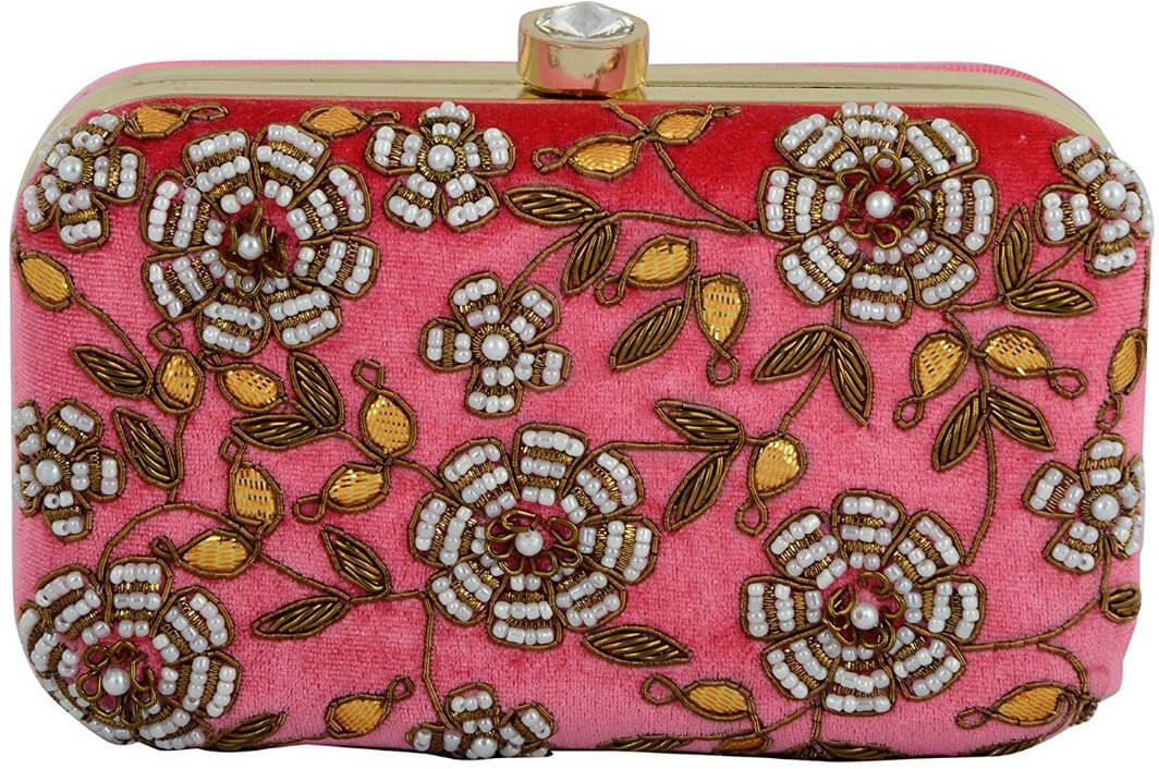     			Tooba Handicraft Pink Fabric Box Clutch
