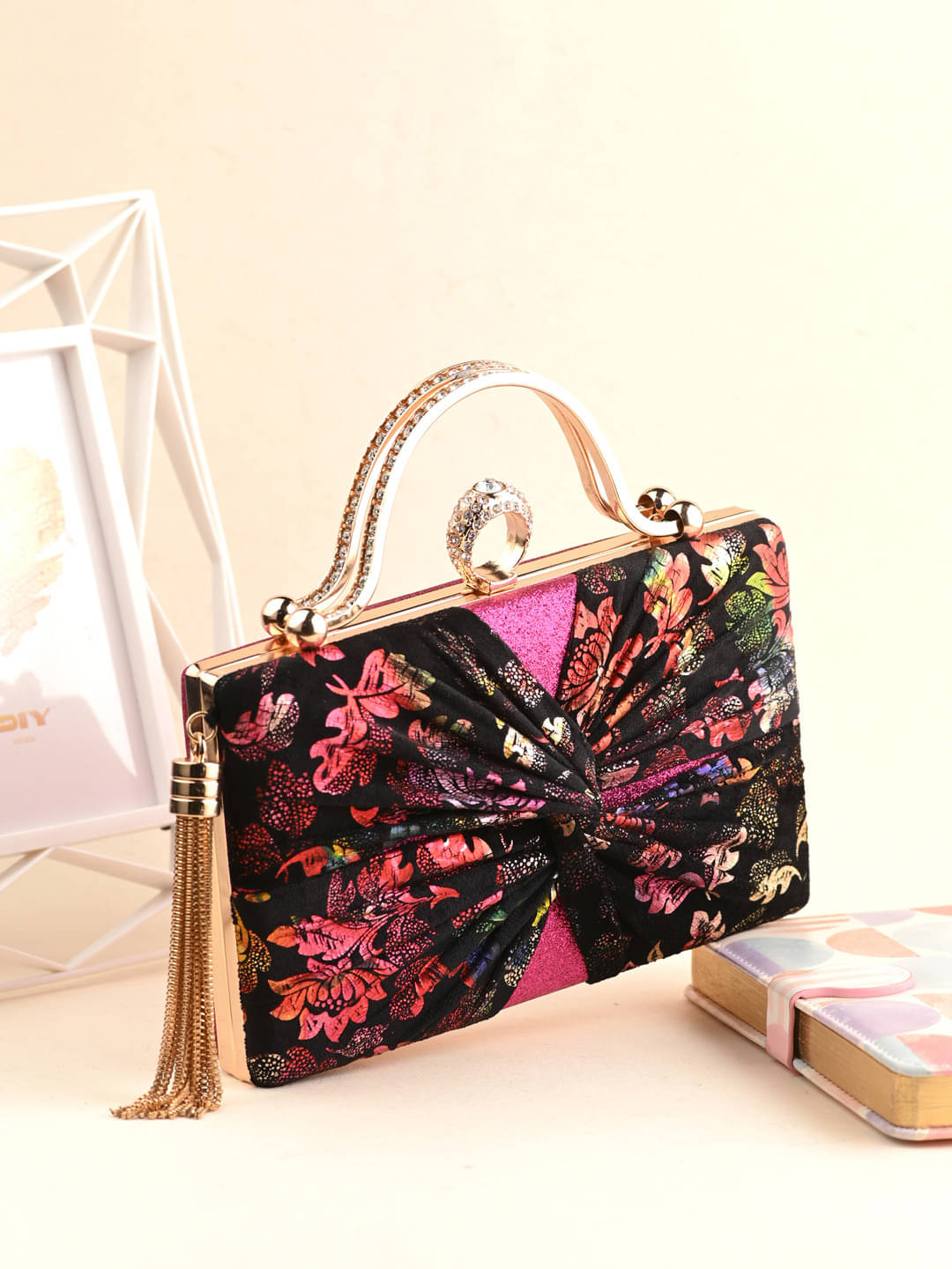     			Tooba Handicraft Pink Fabric Box Clutch