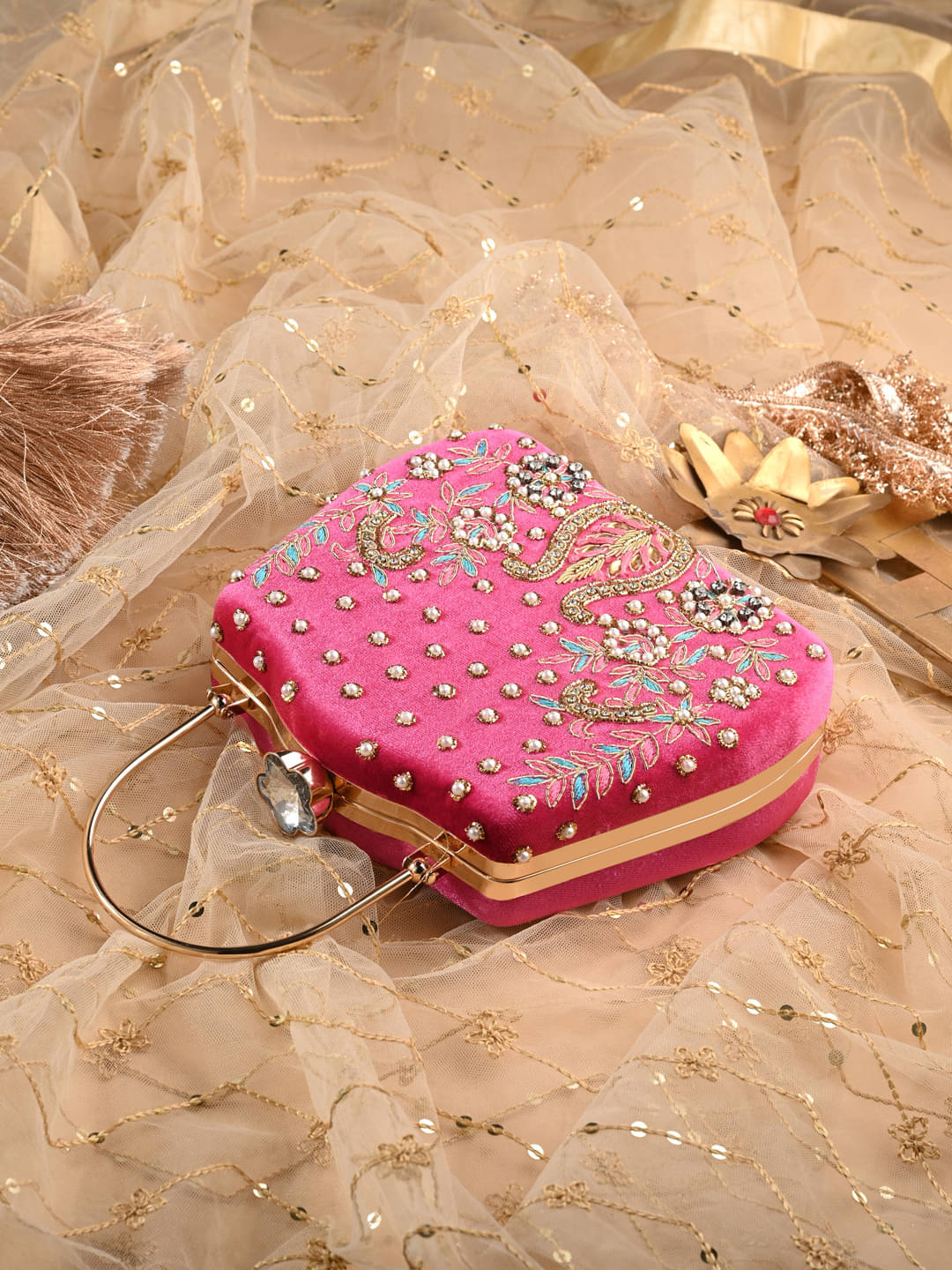     			Tooba Handicraft Pink Fabric Box Clutch