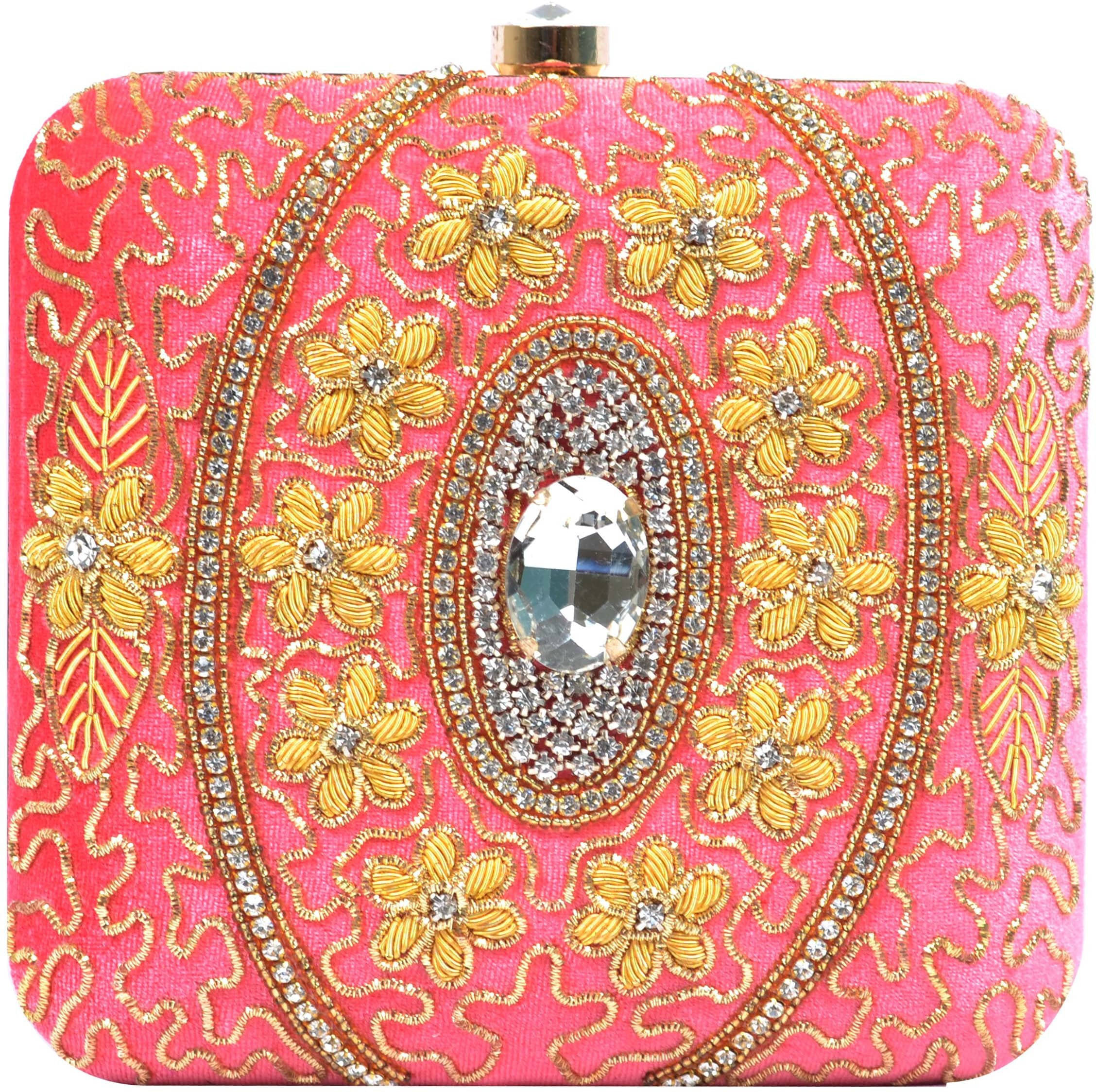    			Tooba Handicraft Pink Fabric Box Clutch