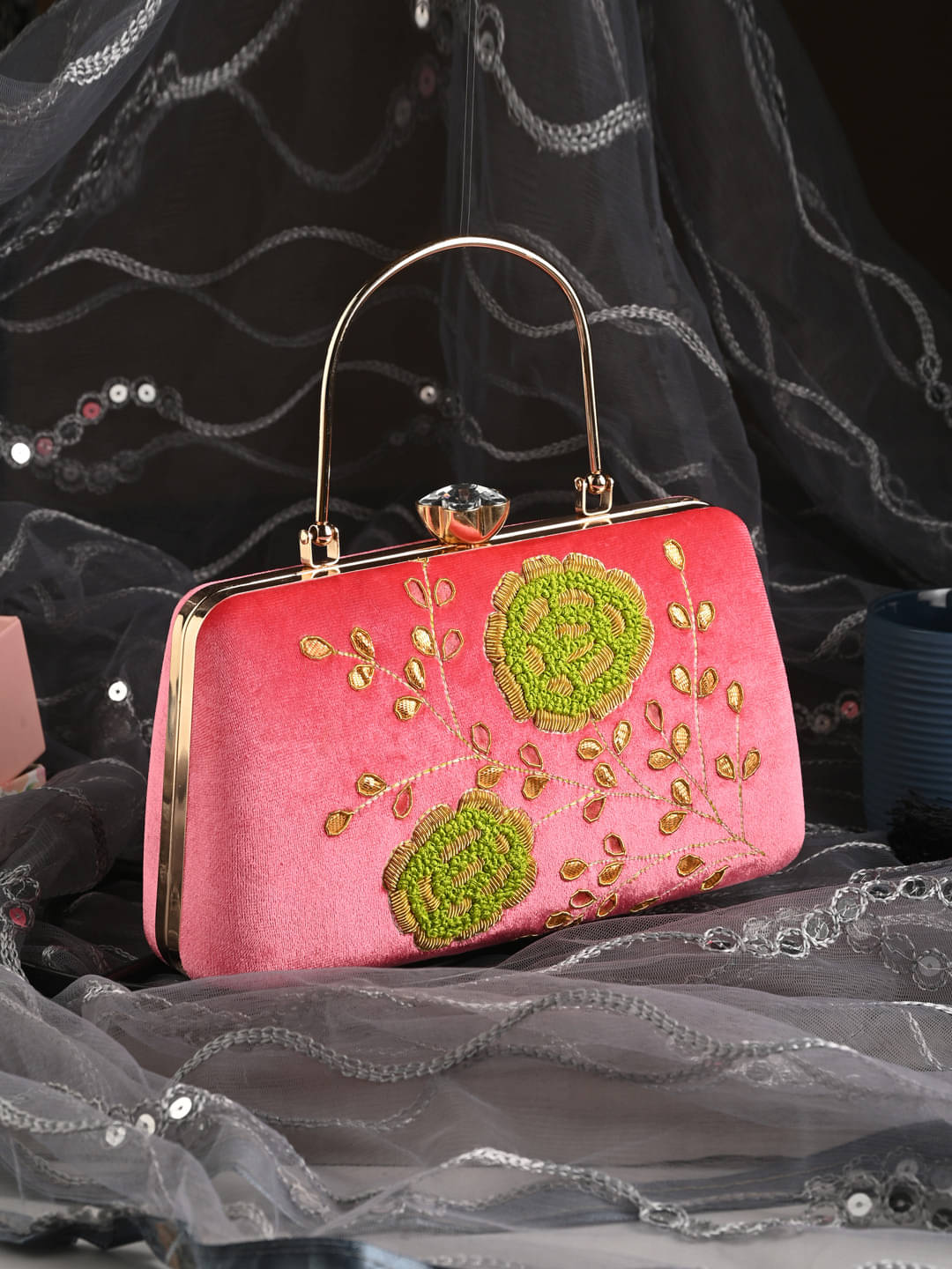     			Tooba Handicraft Pink Fabric Box Clutch