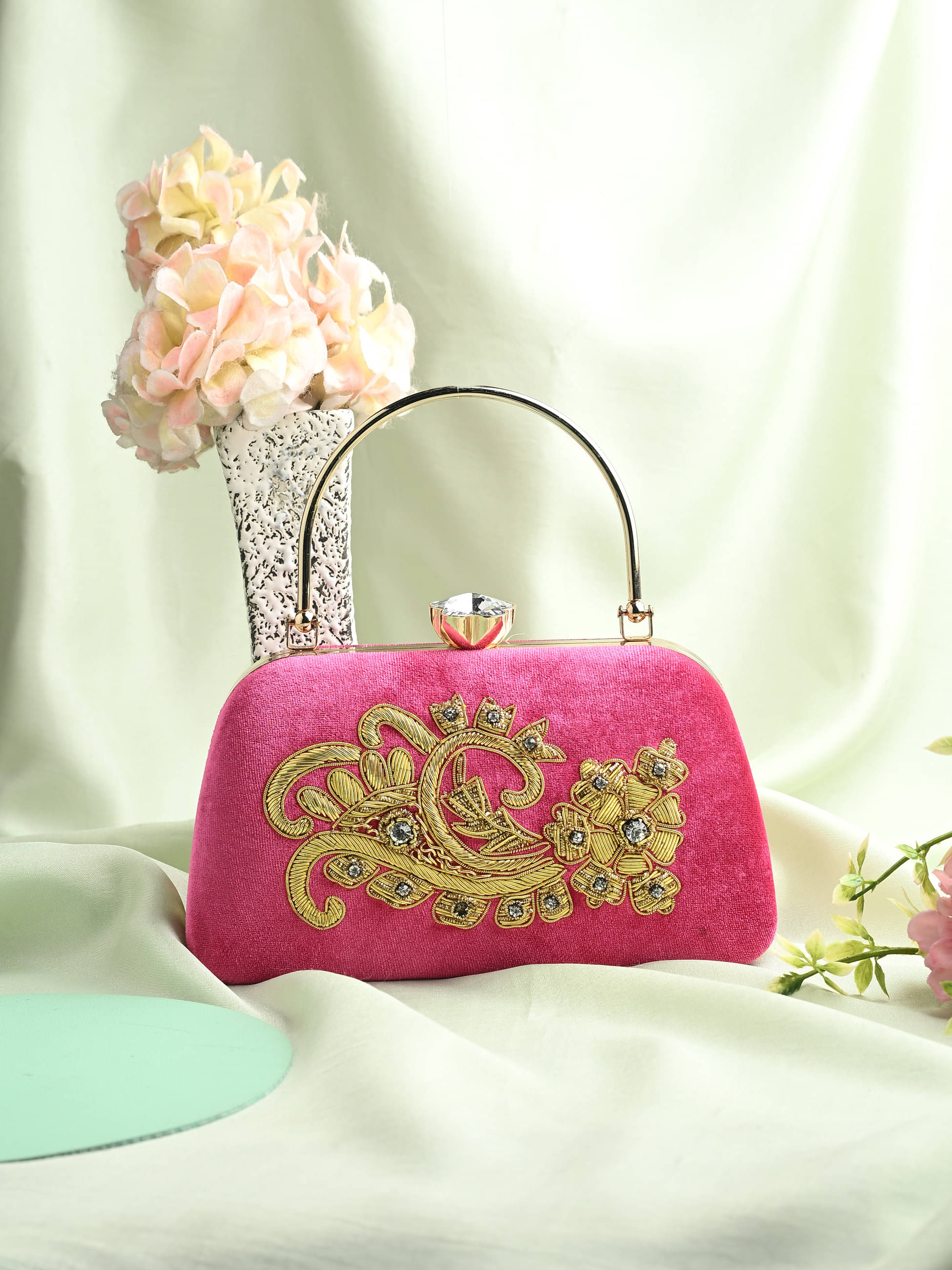     			Tooba Handicraft Pink Fabric Box Clutch