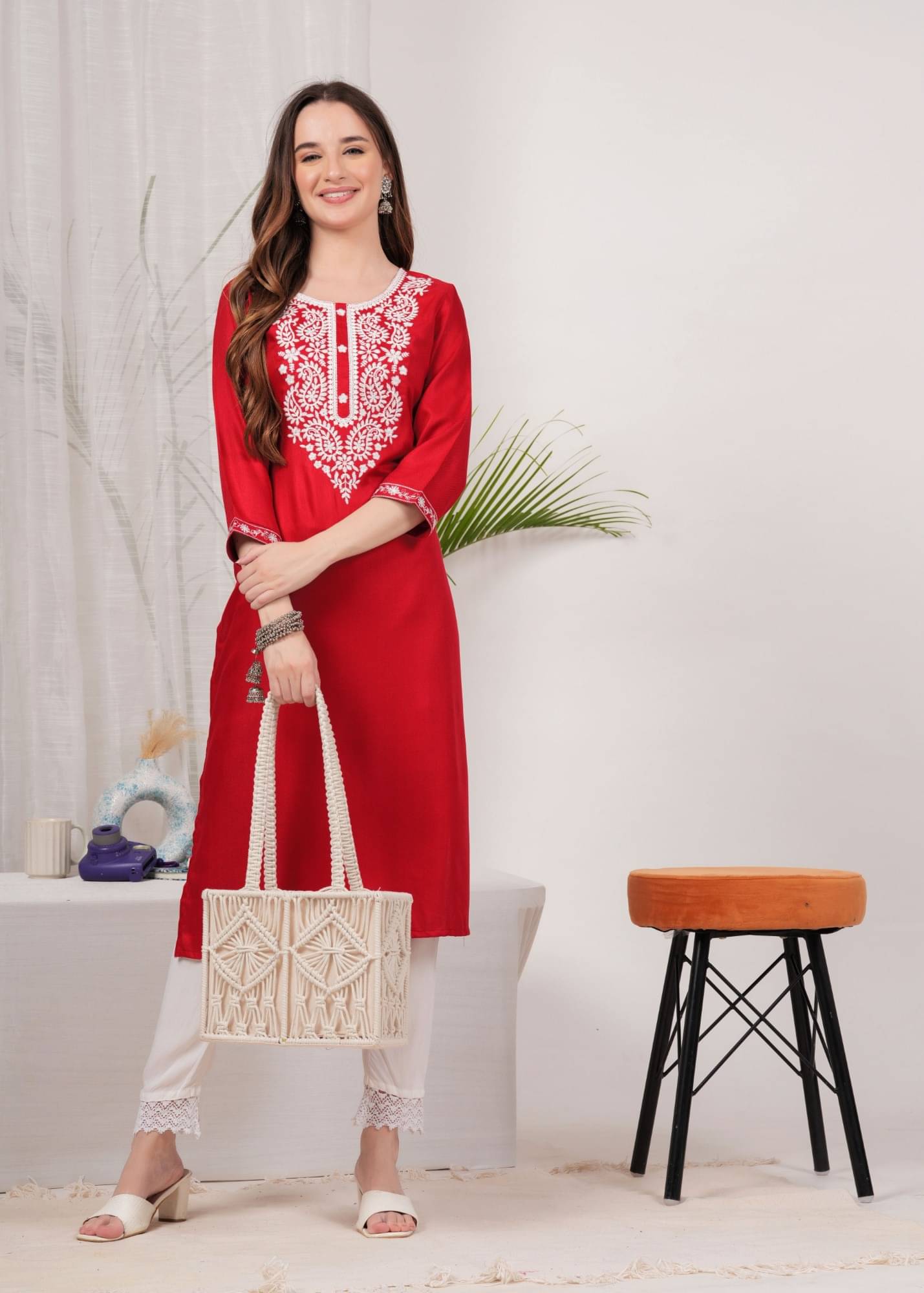     			Vicitra Women Viscose Rayon Embroidered Straight Kurti ( Red )