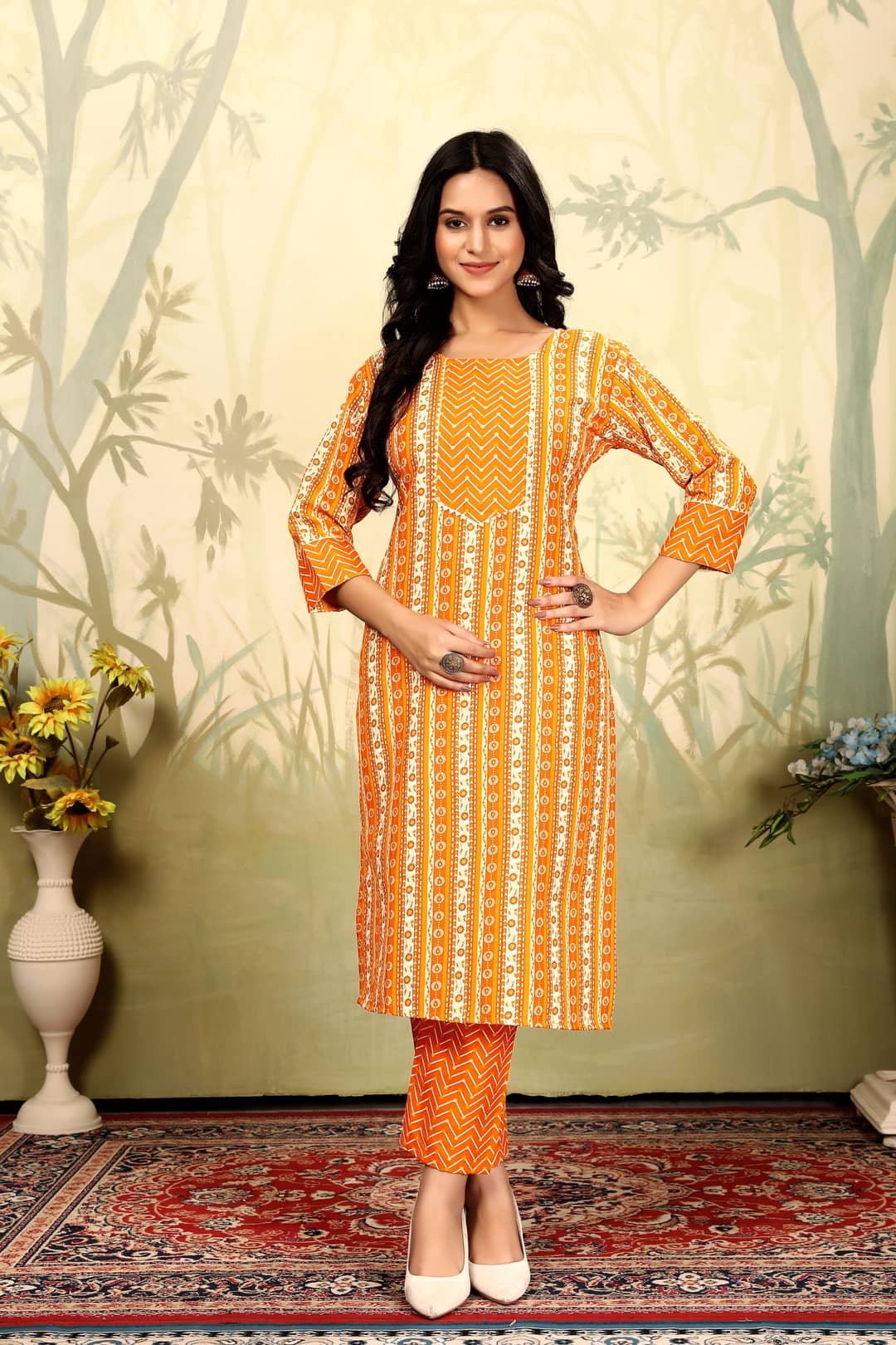 YAGNIK FASHION Women Cotton Solid Straight Kurti With Pants ( Orange )