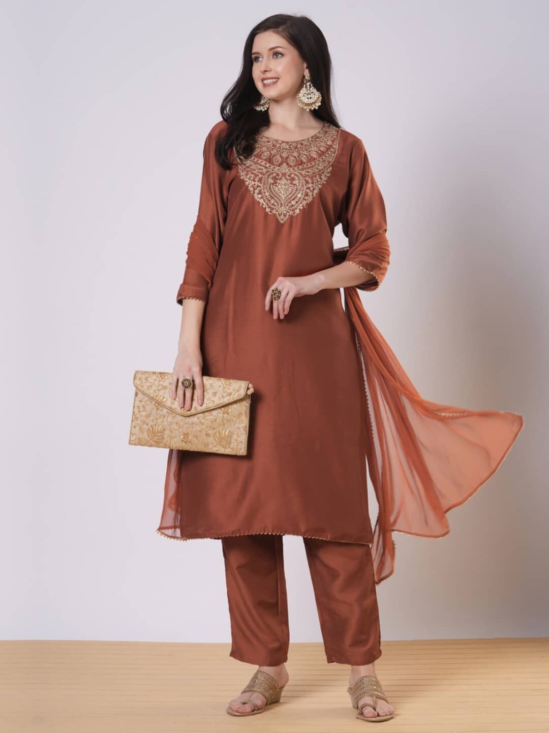 YAGNIK FASHION Women Rayon Embroidered Straight Kurti With Pants ( Brown )