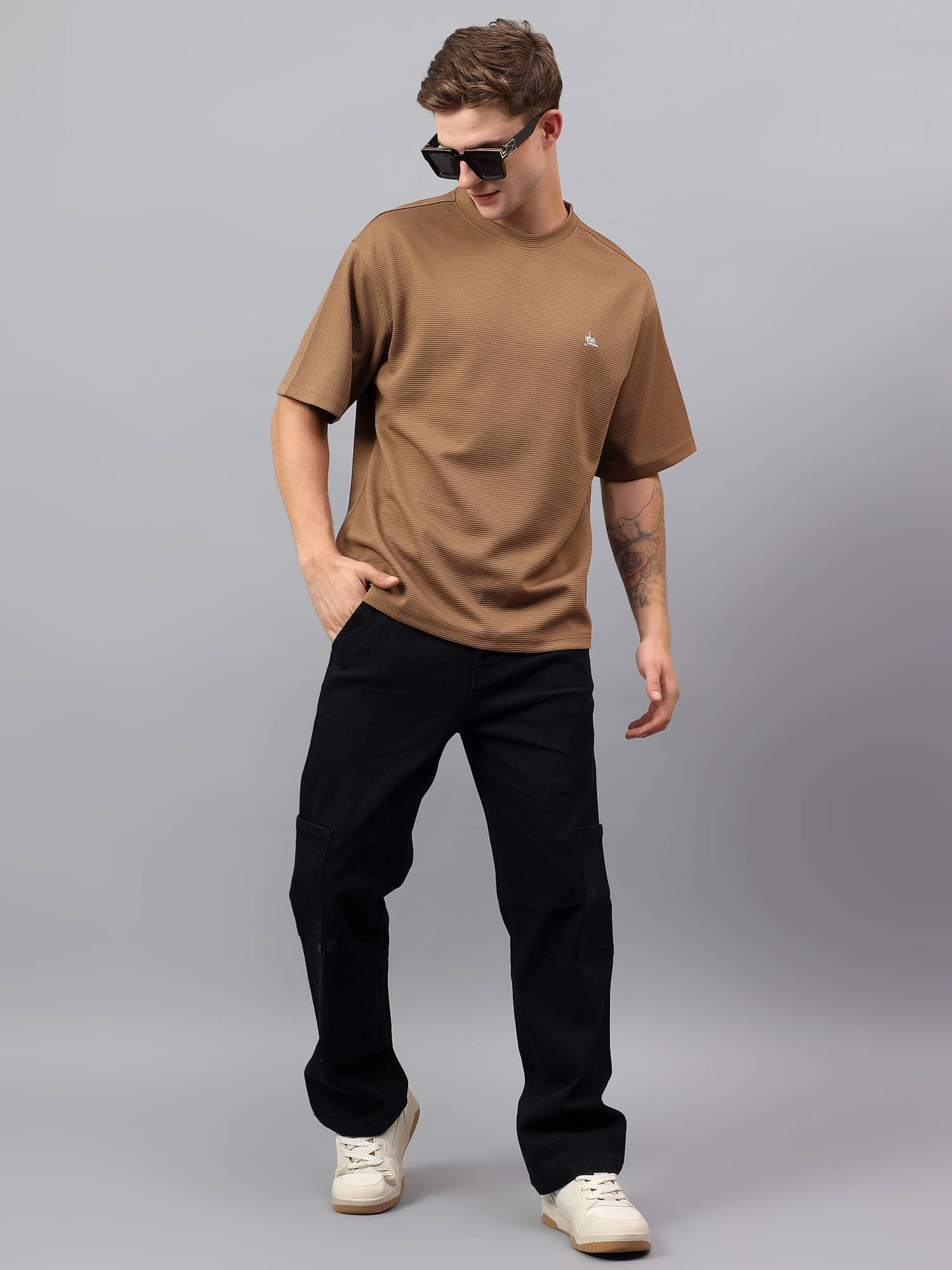    			YHA Men Cotton Blend Oversized Fit Solid T-Shirt ( Khaki )