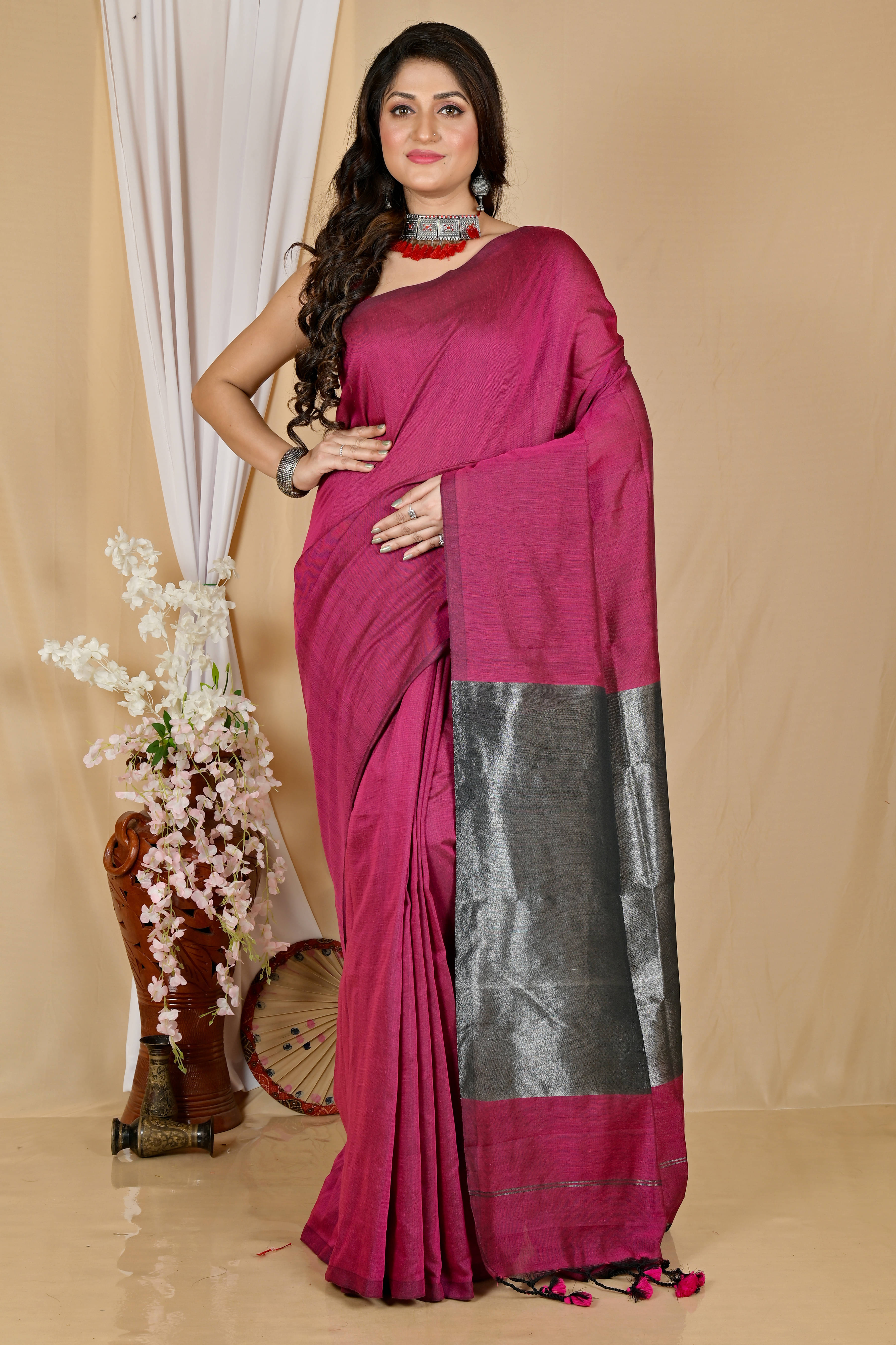 Zayraa Cotton Blend Embellished Saree With Unstitched Blouse Piece ( Rani ) Zayraa Cotton Blend Embellished Saree With Unstitched Blouse Piece ( Rani )