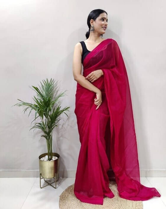     			Zayraa Cotton Blend Self Design Saree Without Blouse Piece ( Rani )