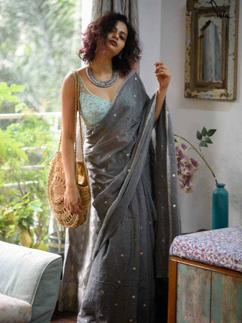     			Zayraa Cotton Self Design Tant Saree With Unstitched Blouse Piece ( Grey )
