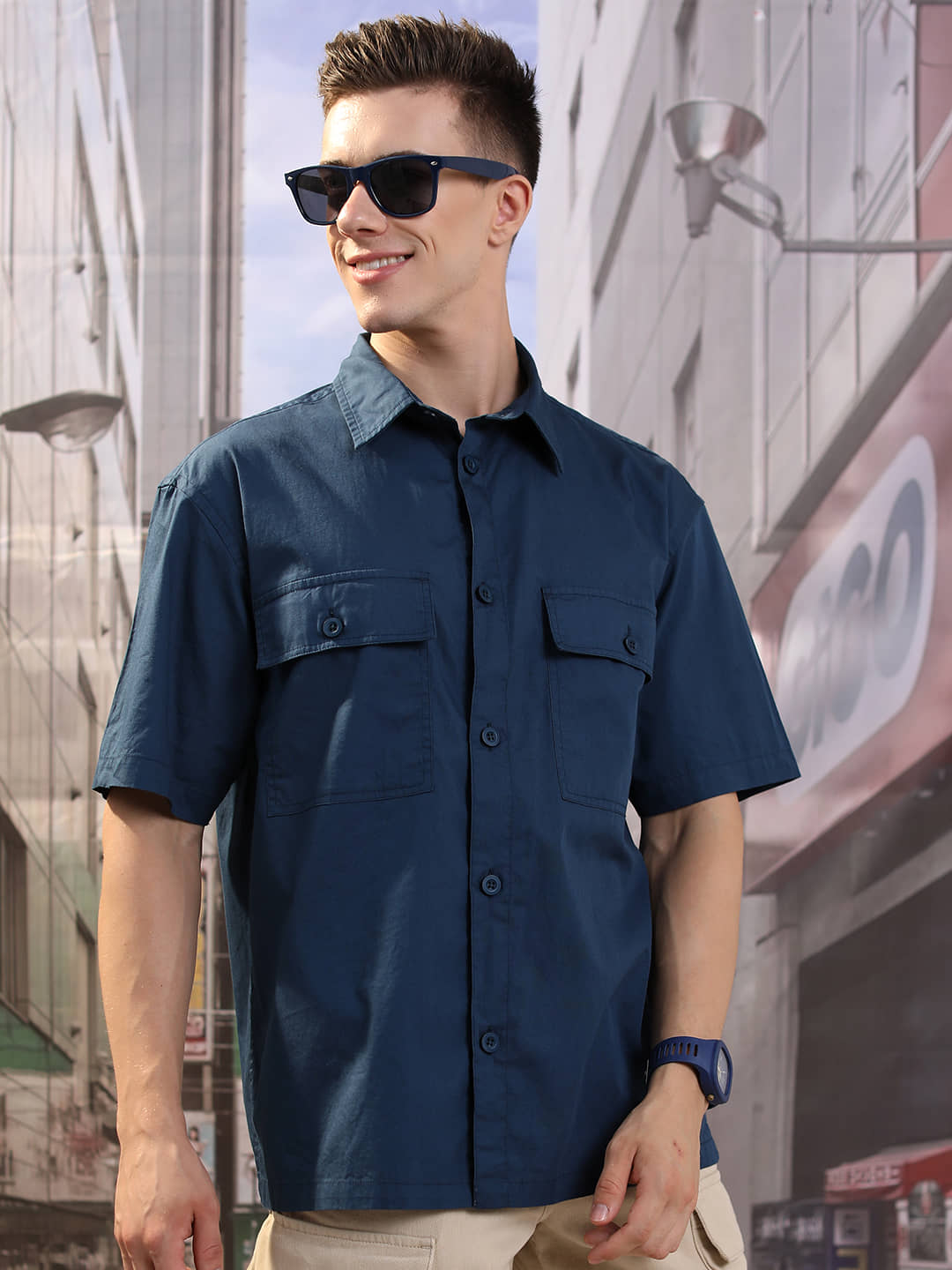 Highlander 100% Cotton Oversized Fit Solids Half Sleeves Men's Casual Shirt - Blue ( Pack of 1 )