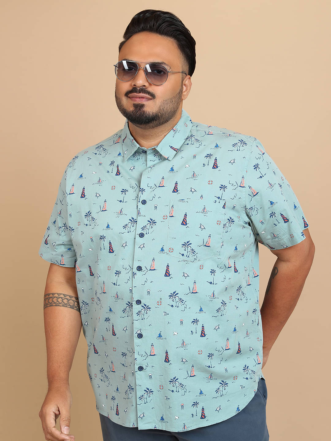     			Highlander 100% Cotton Regular Fit Printed Half Sleeves Men's Casual Shirt - Blue ( Pack of 1 )