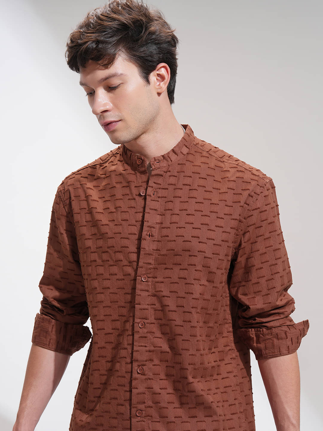     			Highlander 100% Cotton Relaxed Fit Self Design Full Sleeves Men's Casual Shirt - Brown ( Pack of 1 )