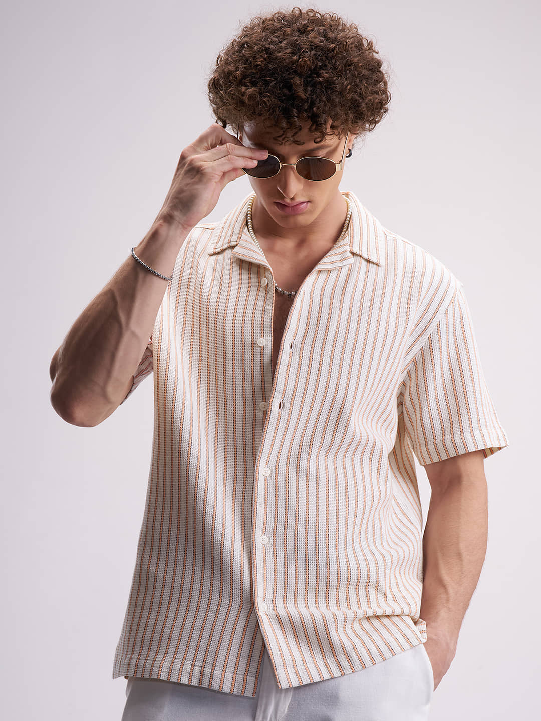 Highlander 100% Cotton Relaxed Fit Striped Half Sleeves Cuban Collar Men's Casual Shirt (Multicolor)