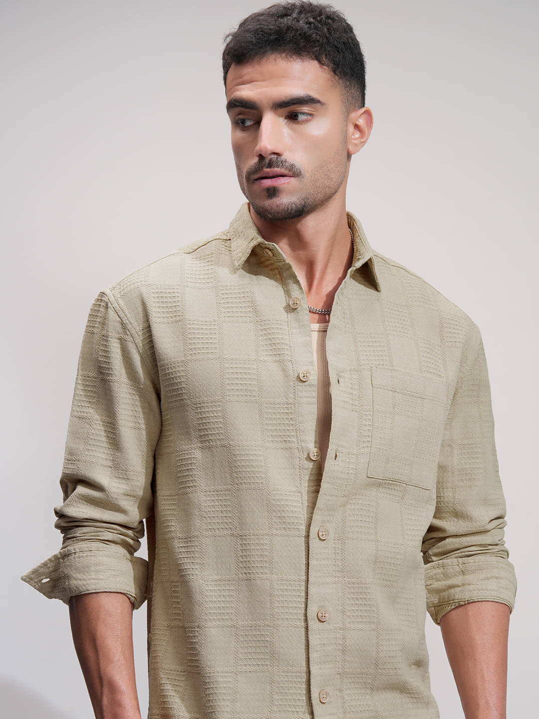     			Highlander 100% Cotton Relaxed Fit Self Design Full Sleeves Men's Casual Shirt - Beige ( Pack of 1 )