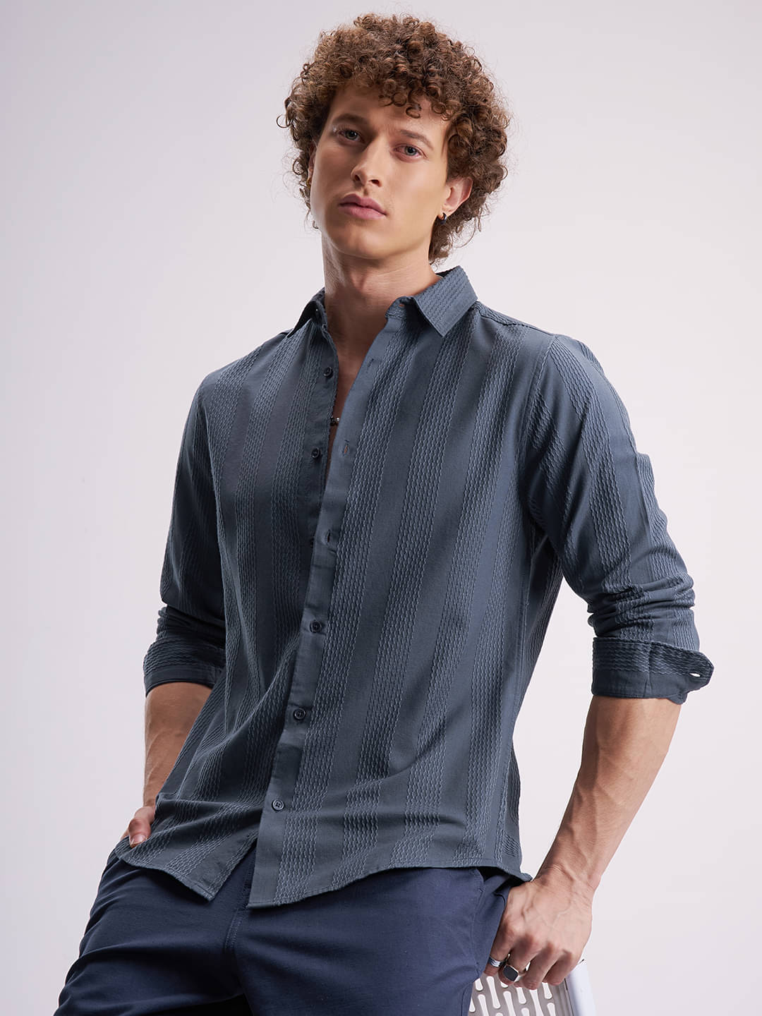    			Highlander 100% Cotton Slim Fit Self Design Full Sleeves Men's Casual Shirt - Blue ( Pack of 1 )