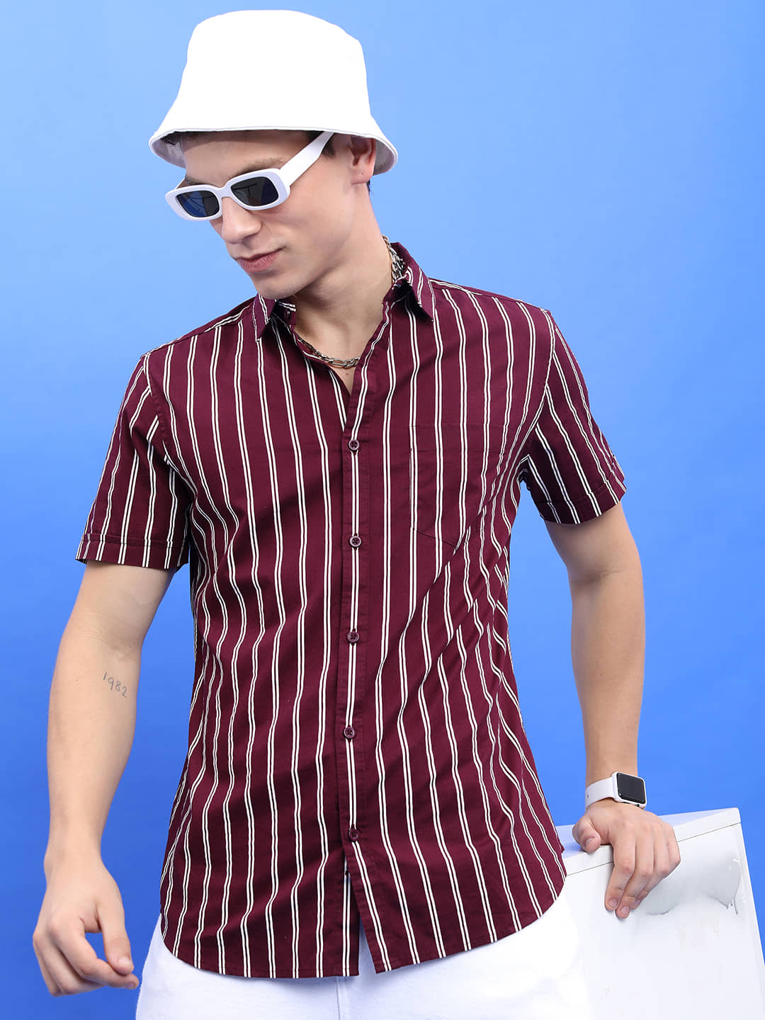 Highlander 100% Cotton Slim Fit Striped Half Sleeves Men's Casual Shirt - Burgundy ( Pack of 1 )