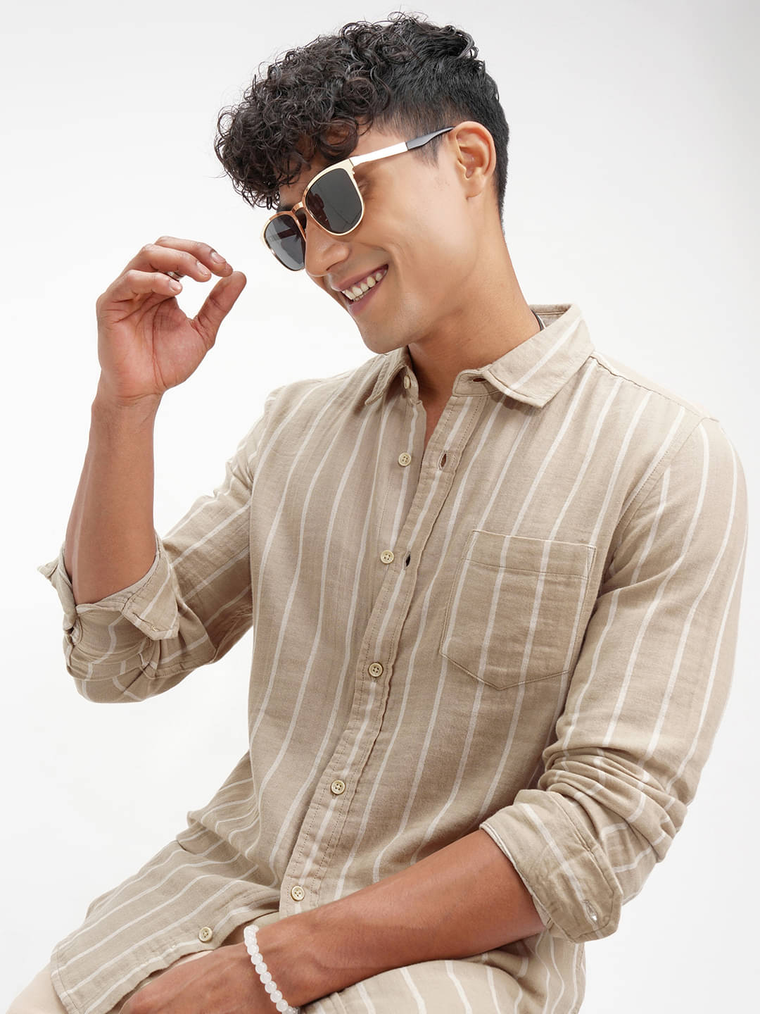    			Highlander 100% Cotton Slim Fit Striped Full Sleeves Men's Casual Shirt - Khaki ( Pack of 1 )