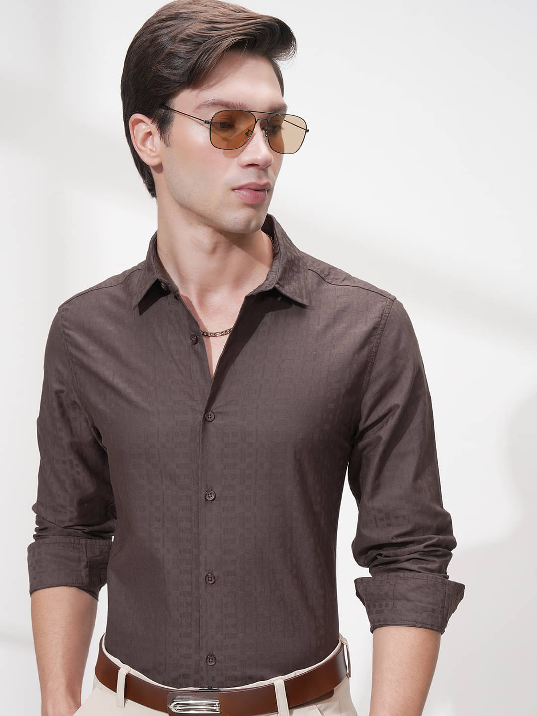 Highlander 100% Cotton Slim Fit Self Design Full Sleeves Men's Casual Shirt - Brown ( Pack of 1 )     			Highlander 100% Cotton Slim Fit Self Design Full Sleeves Men's Casual Shirt - Brown ( Pack of 1 )