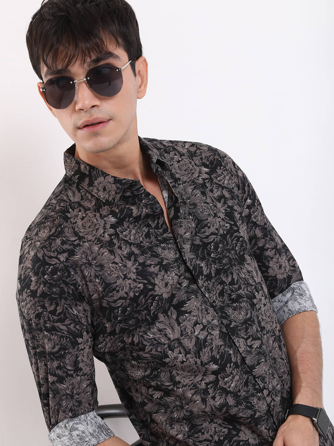 Highlander 100% Cotton Slim Fit Printed Full Sleeves Men's Casual Shirt - Black ( Pack of 1 )