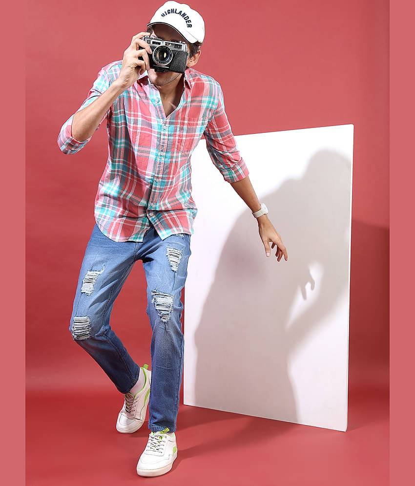 Highlander 100% Cotton Slim Fit Checks Full Sleeves Men's Casual Shirt - Multicolor ( Pack of 1 )