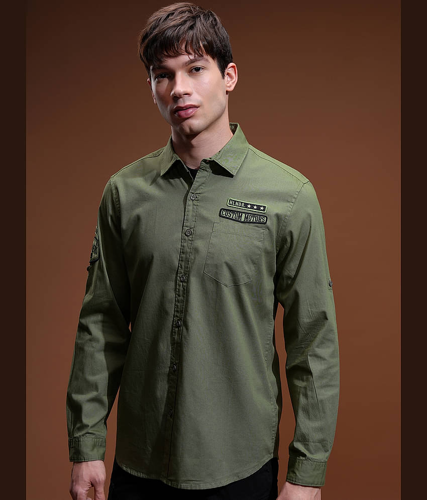 Highlander 100% Cotton Slim Fit Solids Full Sleeves Men's Casual Shirt - Green ( Pack of 1 )