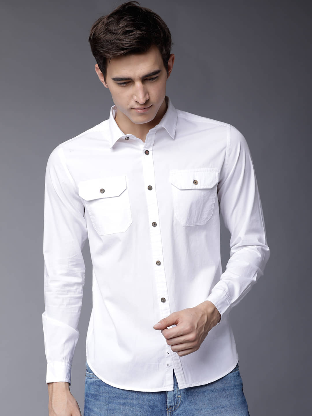 Highlander 100% Cotton Slim Fit Solids Full Sleeves Men's Casual Shirt - White ( Pack of 1 )