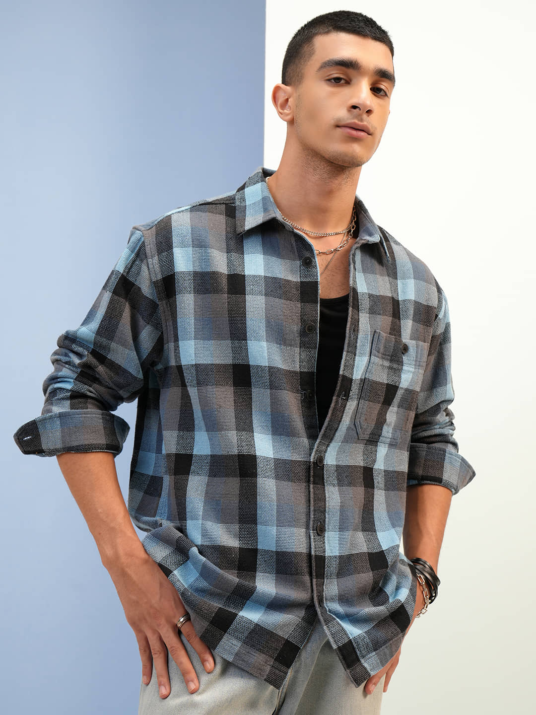 Highlander Cotton Blend Oversized Fit Checks Full Sleeves Men's Casual Shirt - Multicolor ( Pack of 1 )