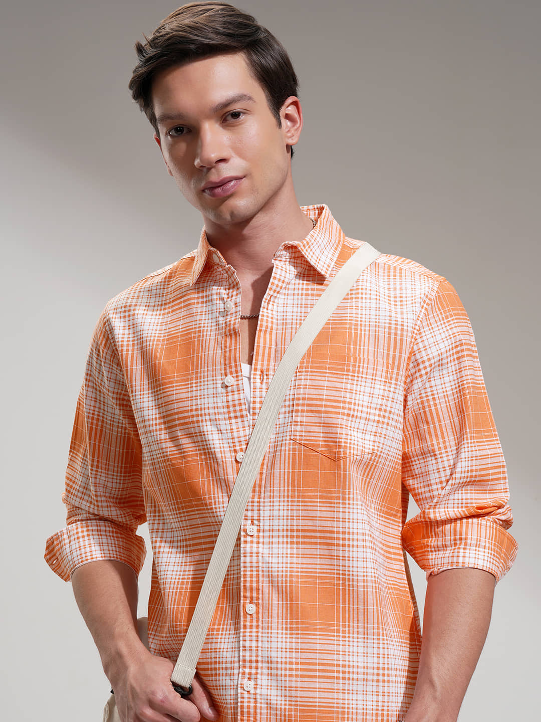 Highlander Cotton Blend Regular Fit Checks Full Sleeves Men's Casual Shirt - Orange ( Pack of 1 )