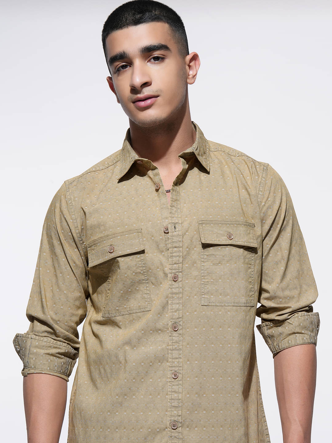     			Highlander Cotton Blend Regular Fit Self Design Full Sleeves Men's Casual Shirt - Khaki ( Pack of 1 )