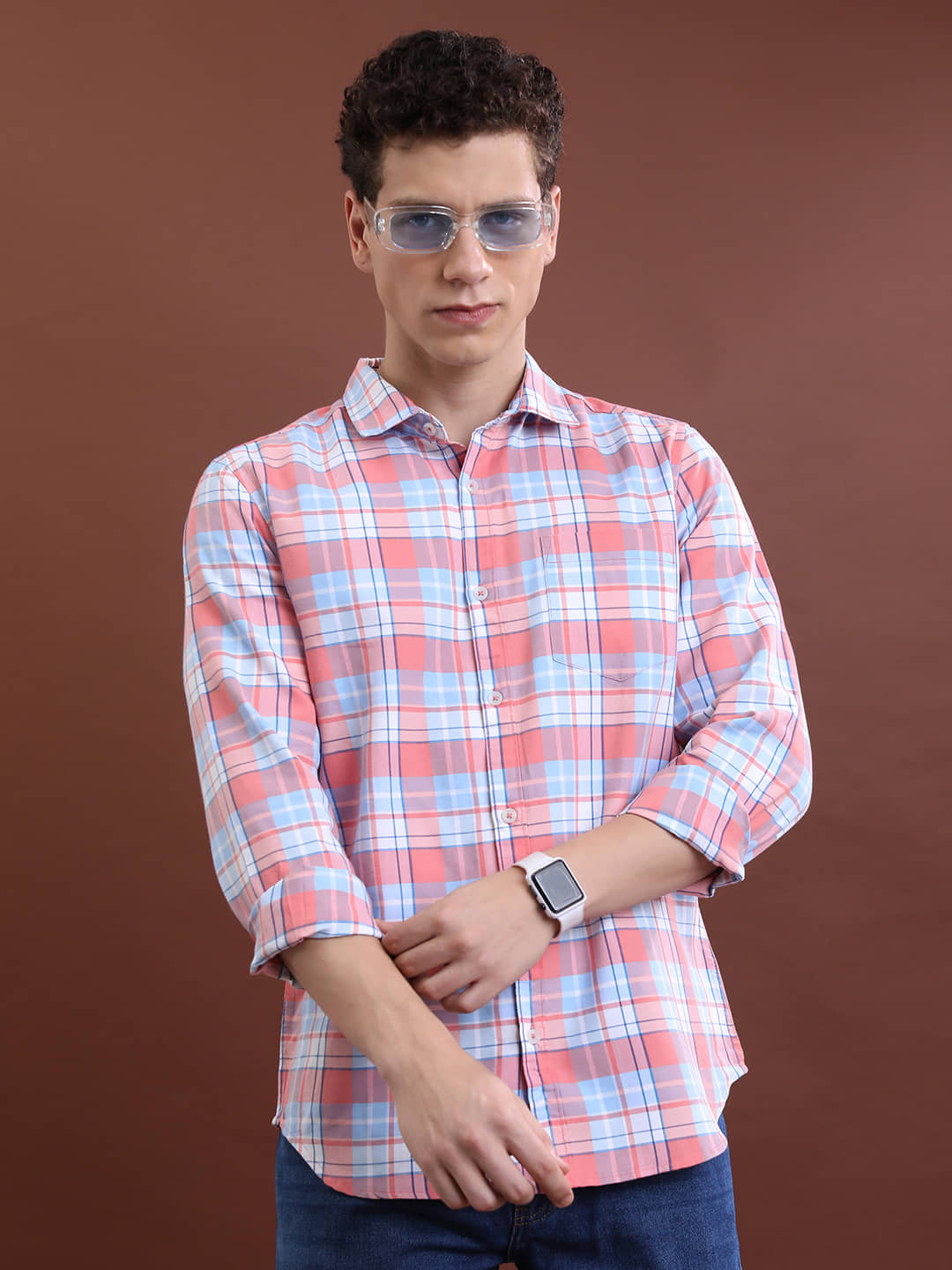Highlander Cotton Blend Slim Fit Checks Full Sleeves Men's Casual Shirt - Pink ( Pack of 1 )