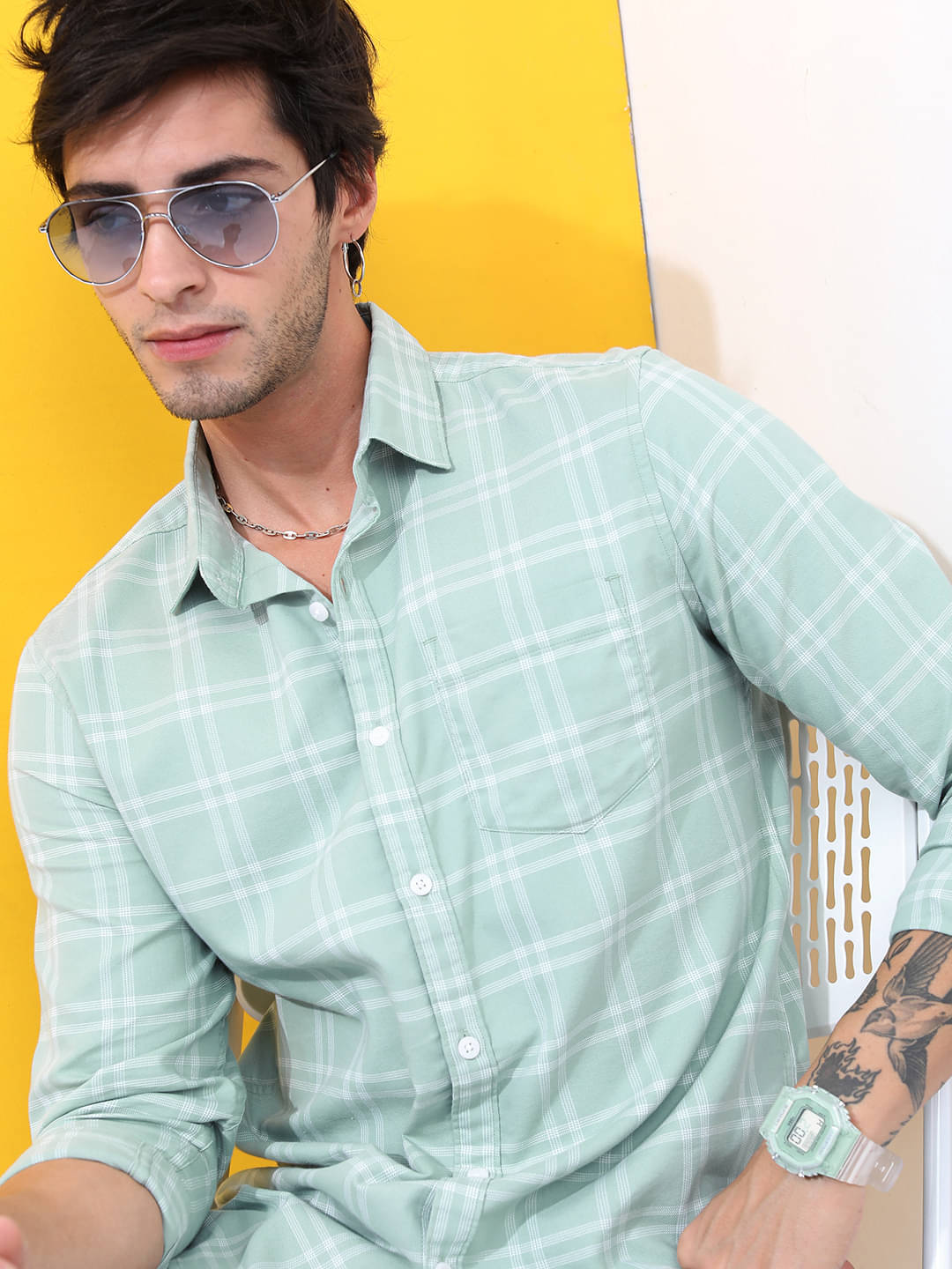     			Highlander Cotton Blend Slim Fit Checks Full Sleeves Men's Casual Shirt - Mint Green ( Pack of 1 )