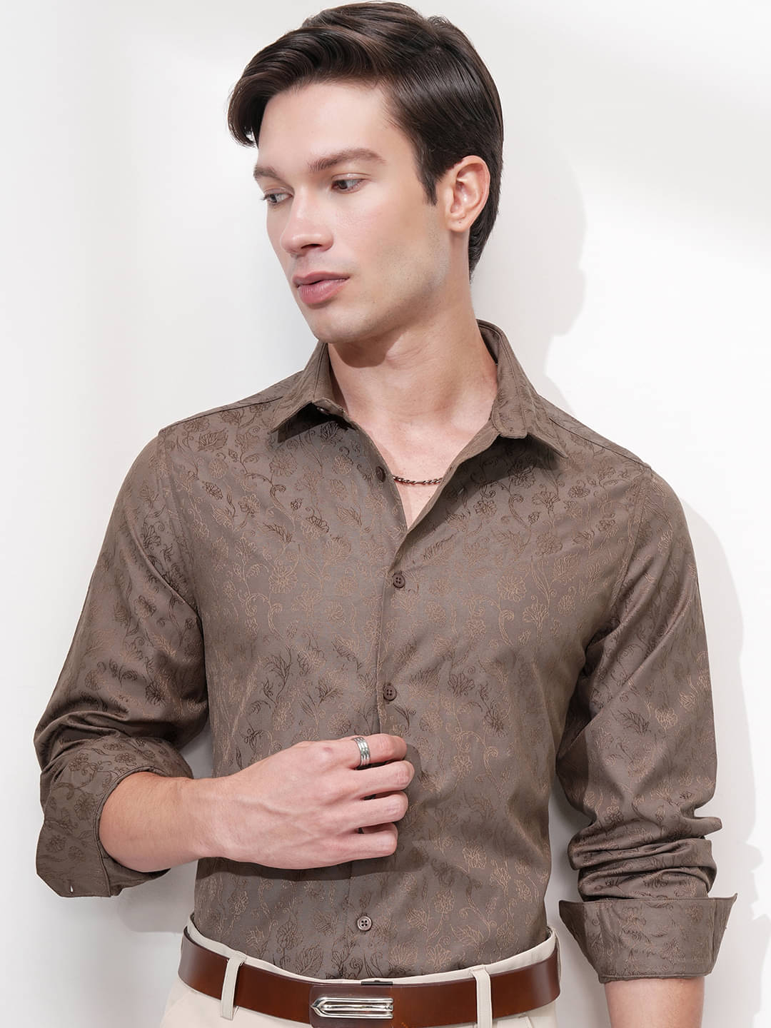     			Highlander Cotton Blend Slim Fit Self Design Full Sleeves Men's Casual Shirt - Brown ( Pack of 1 )