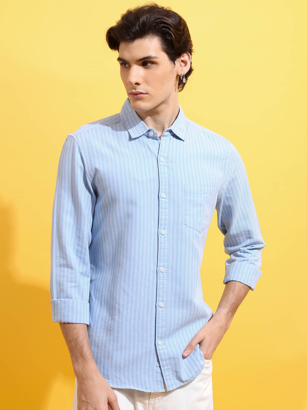 Highlander Cotton Blend Slim Fit Striped Full Sleeves Men's Casual Shirt - Light Blue ( Pack of 1 ) Highlander Cotton Blend Slim Fit Striped Full Sleeves Men's Casual Shirt - Light Blue ( Pack of 1 )