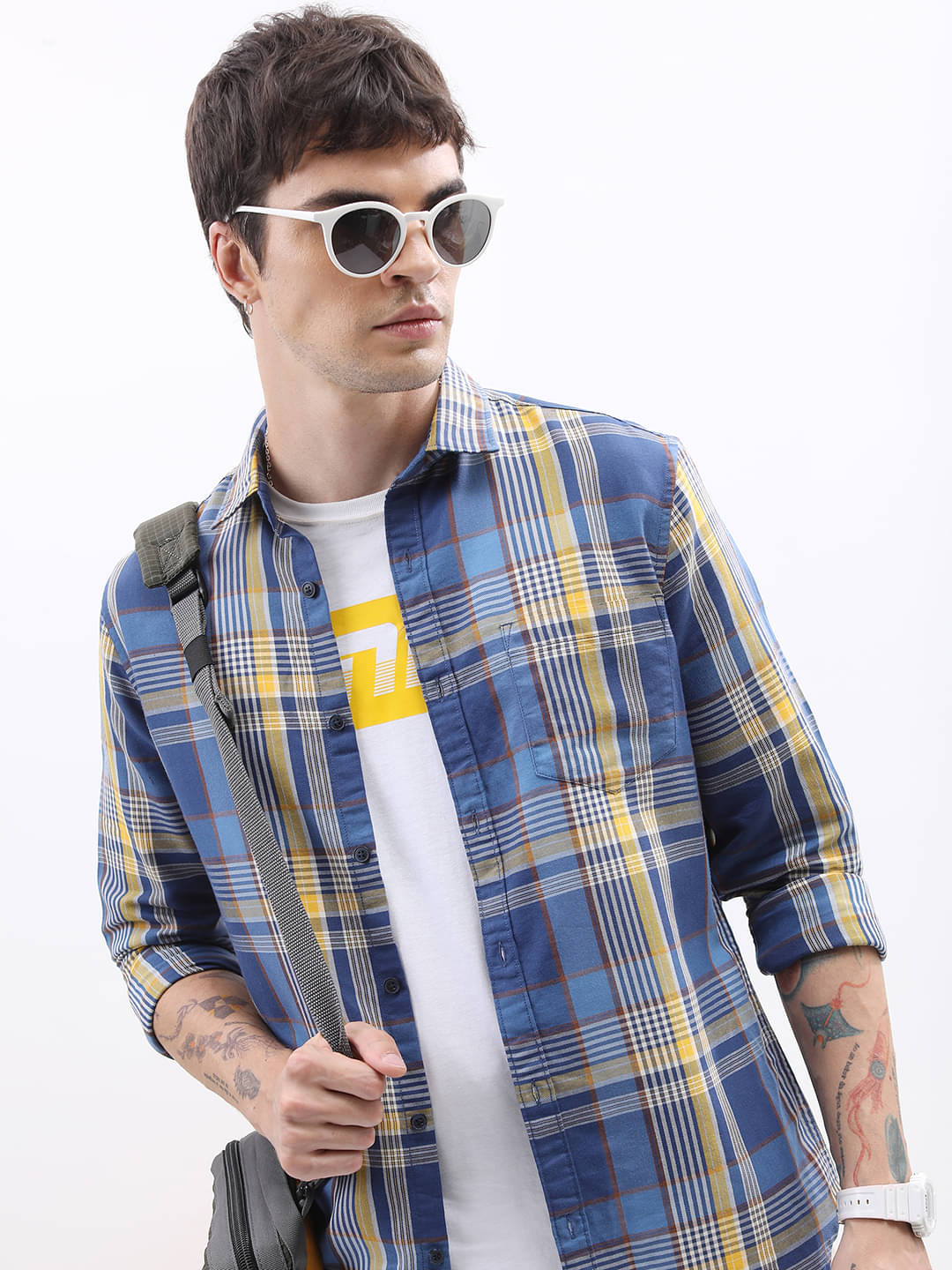     			Highlander Cotton Blend Slim Fit Checks Full Sleeves Men's Casual Shirt - Blue ( Pack of 1 )