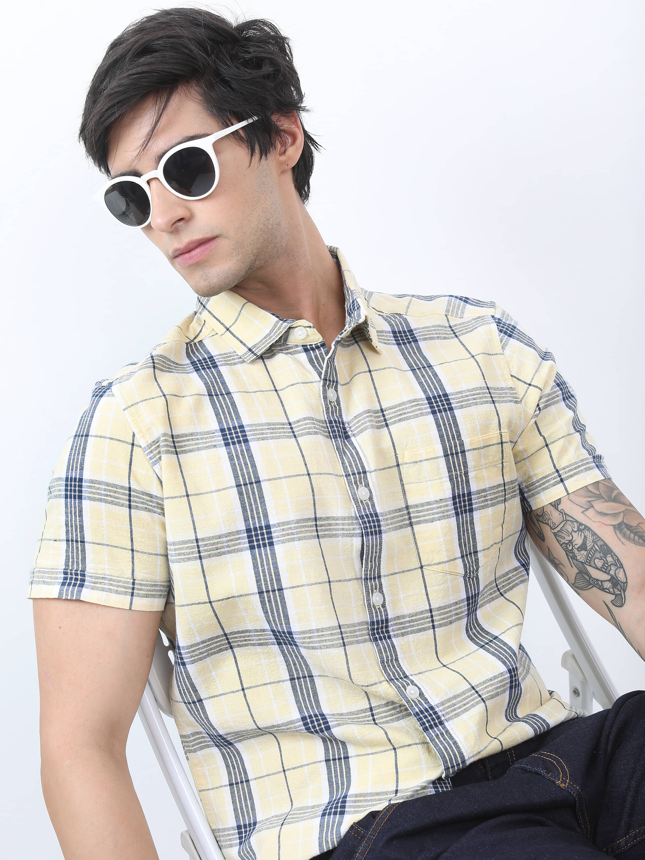 Highlander Cotton Blend Slim Fit Checks Half Sleeves Men's Casual Shirt - Yellow ( Pack of 1 )     			Highlander Cotton Blend Slim Fit Checks Half Sleeves Men's Casual Shirt - Yellow ( Pack of 1 )
