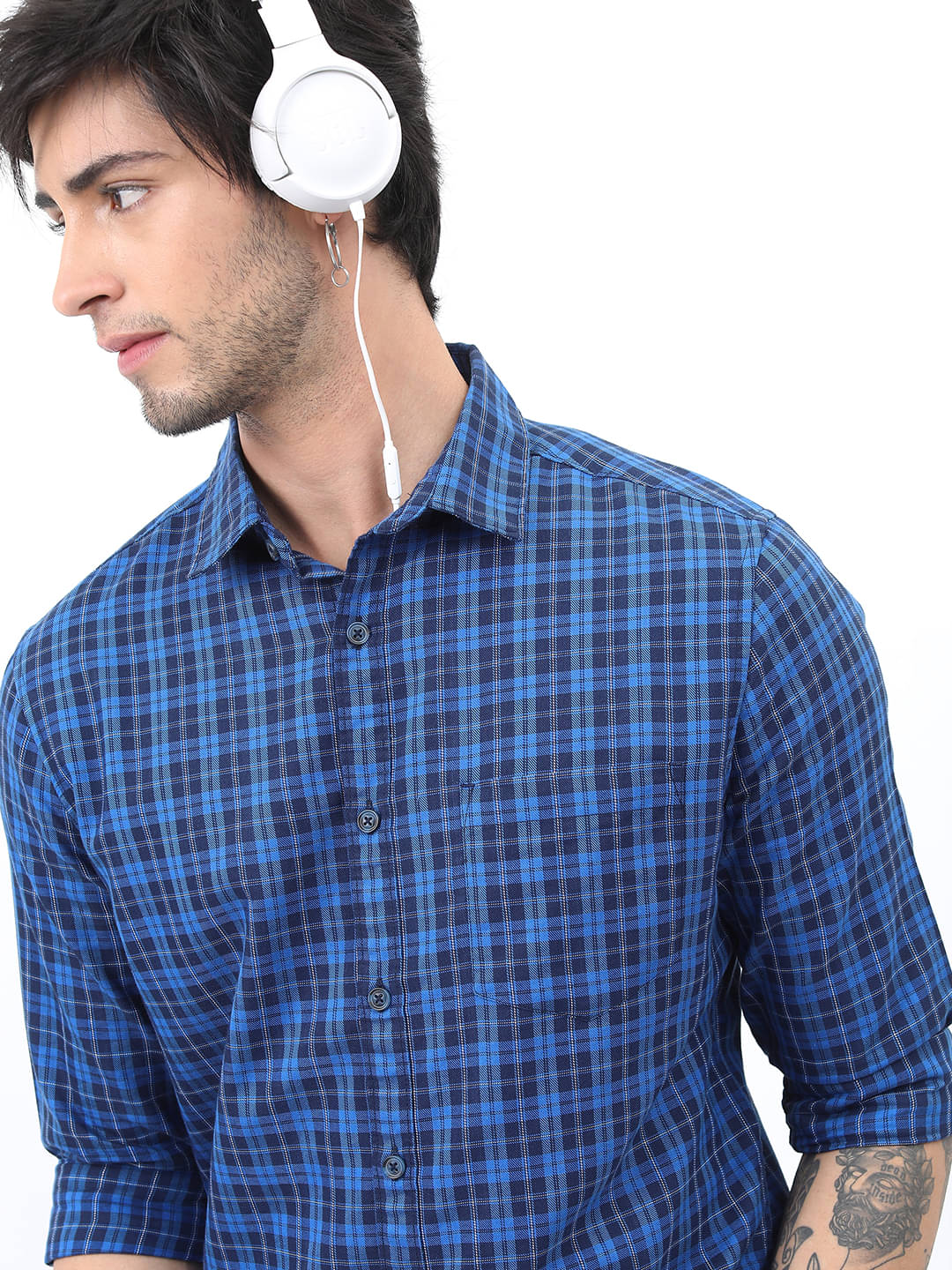     			Highlander Cotton Blend Slim Fit Checks Full Sleeves Men's Casual Shirt - Blue ( Pack of 1 )