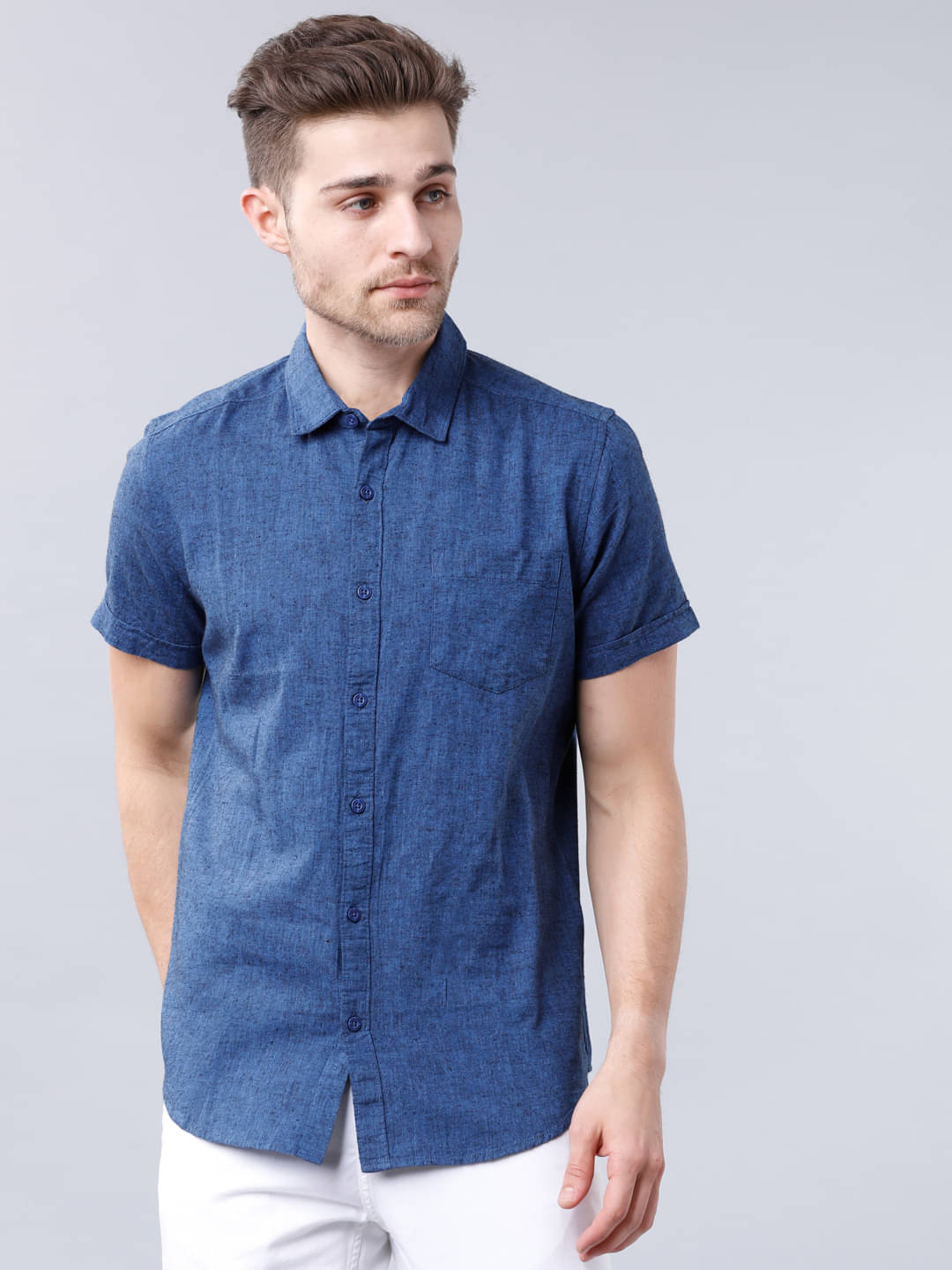 Highlander Cotton Blend Slim Fit Self Design Half Sleeves Men's Casual Shirt - Dark Blue ( Pack of 1 )     			Highlander Cotton Blend Slim Fit Self Design Half Sleeves Men's Casual Shirt - Dark Blue ( Pack of 1 )