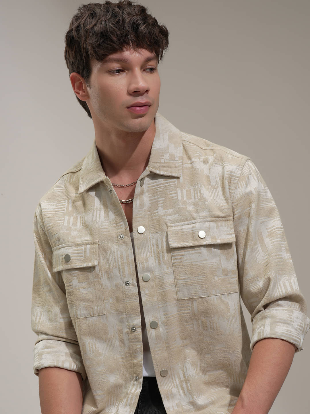     			Highlander Poly Cotton Relaxed Fit Self Design Full Sleeves Men's Casual Shirt - Beige ( Pack of 1 )