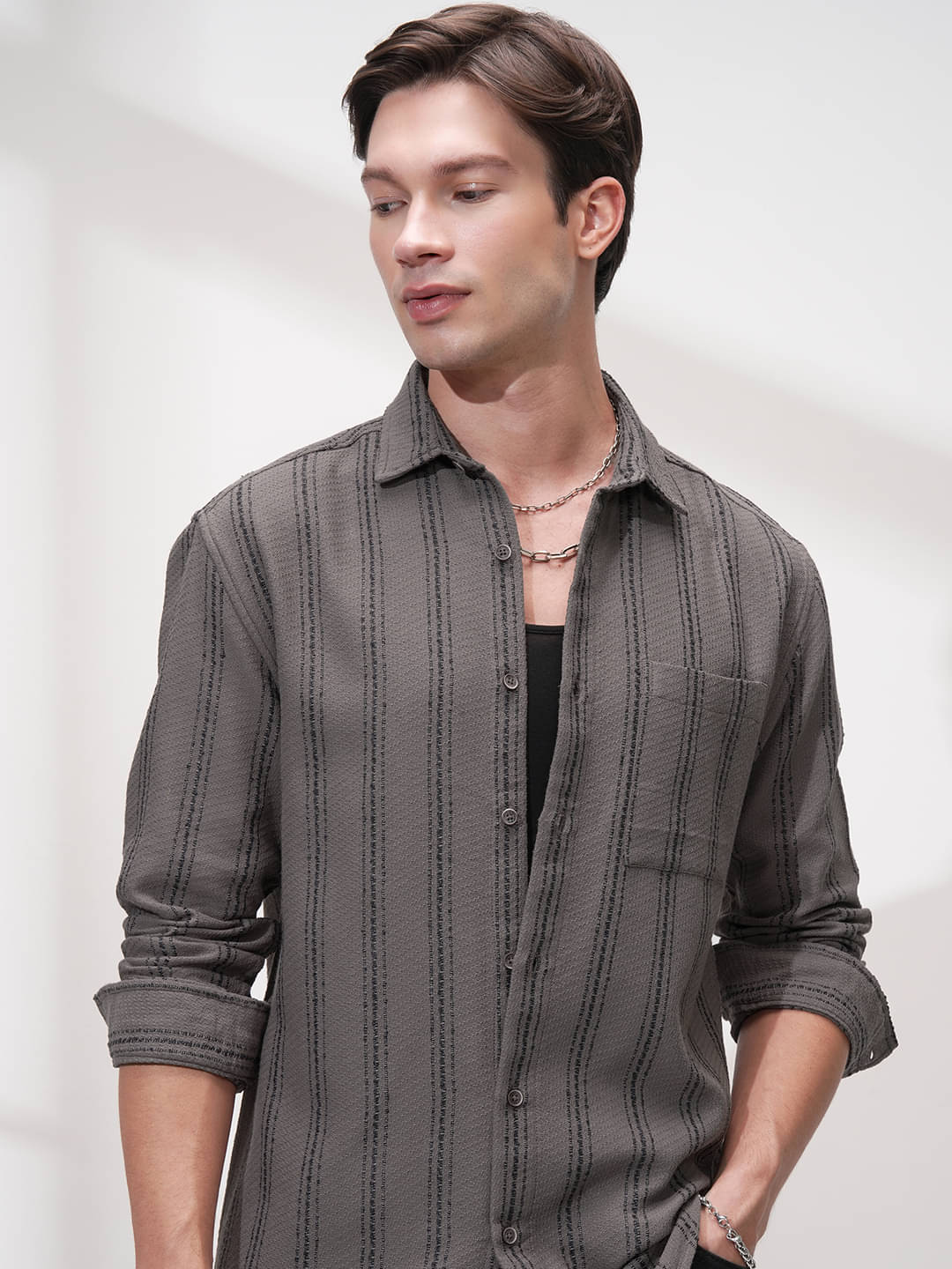     			Highlander Poly Cotton Relaxed Fit Striped Full Sleeves Men's Casual Shirt - Brown ( Pack of 1 )