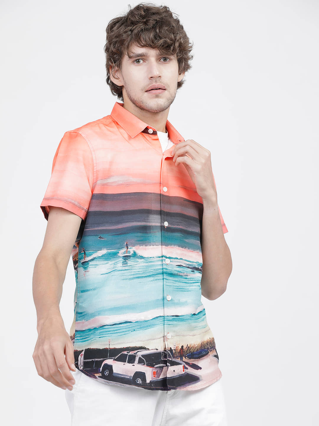 Highlander Poly Cotton Slim Fit Printed Half Sleeves Men's Casual Shirt - White ( Pack of 1 )