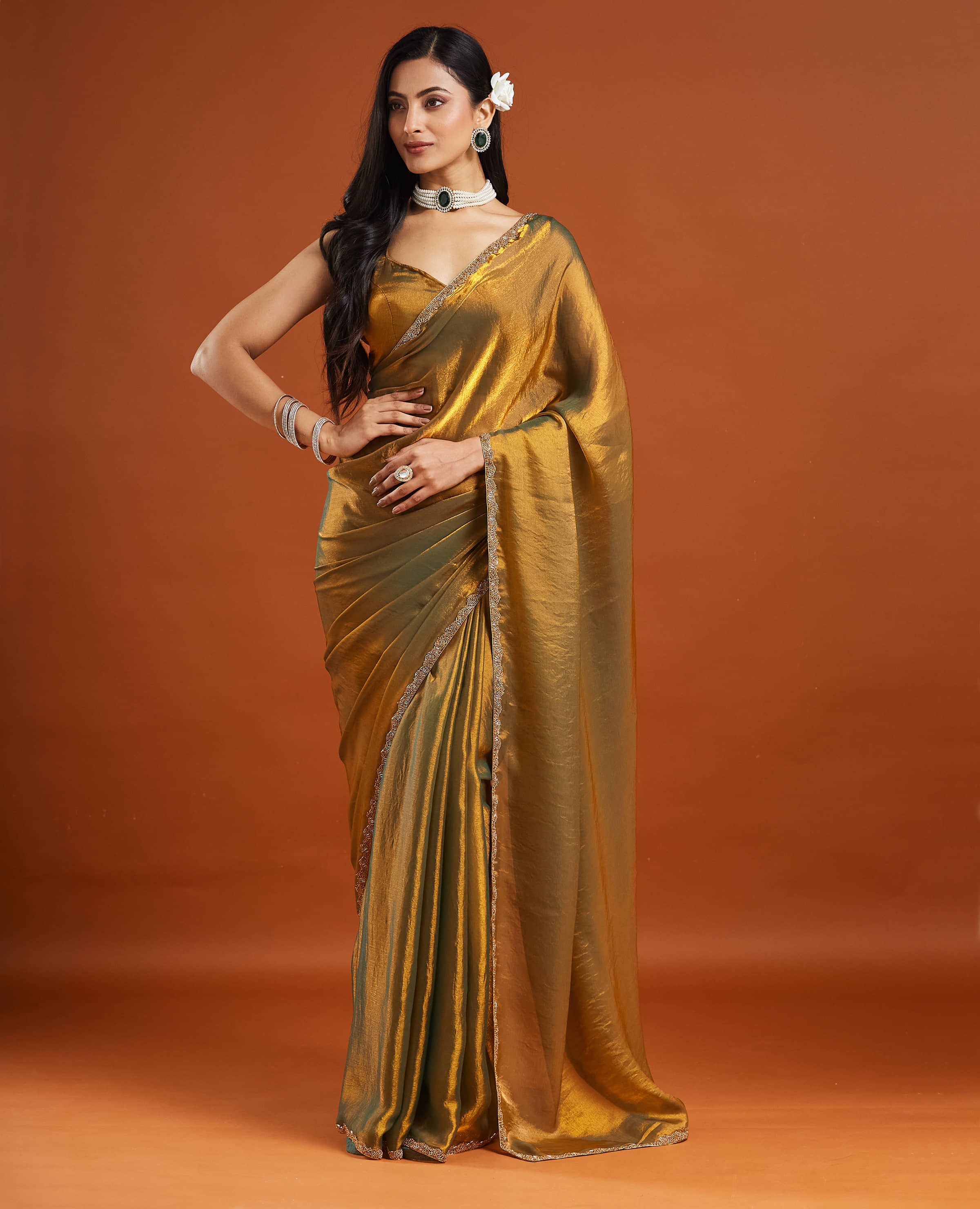Indy Bliss Tissue Embellished Saree With Unstitched Blouse Piece ( Gold ) - Sarees | Buy online on ZillyBuy