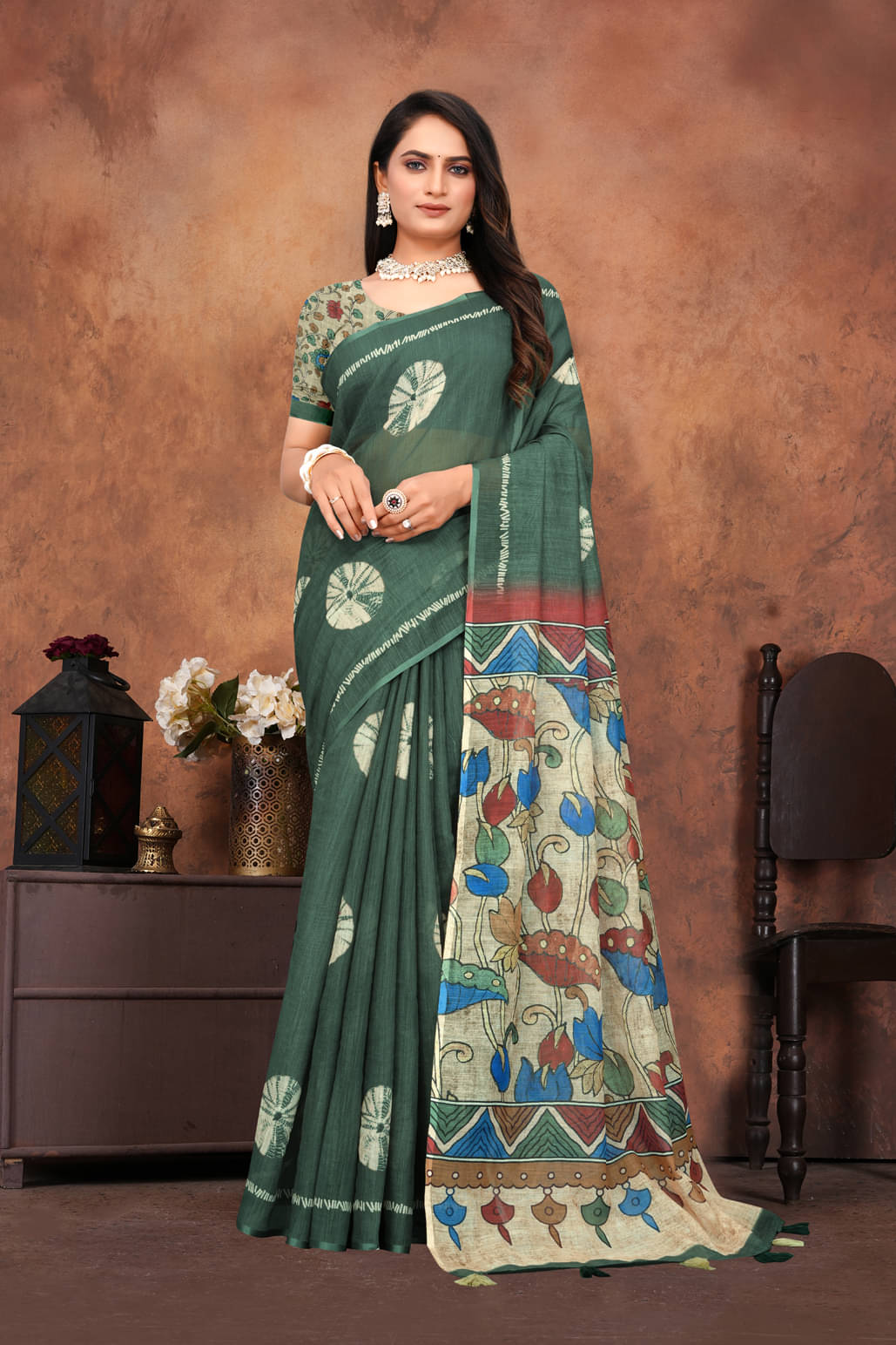 JULEE Linen Printed Saree With Unstitched Blouse Piece ( Green ) JULEE Linen Printed Saree With Unstitched Blouse Piece ( Green )