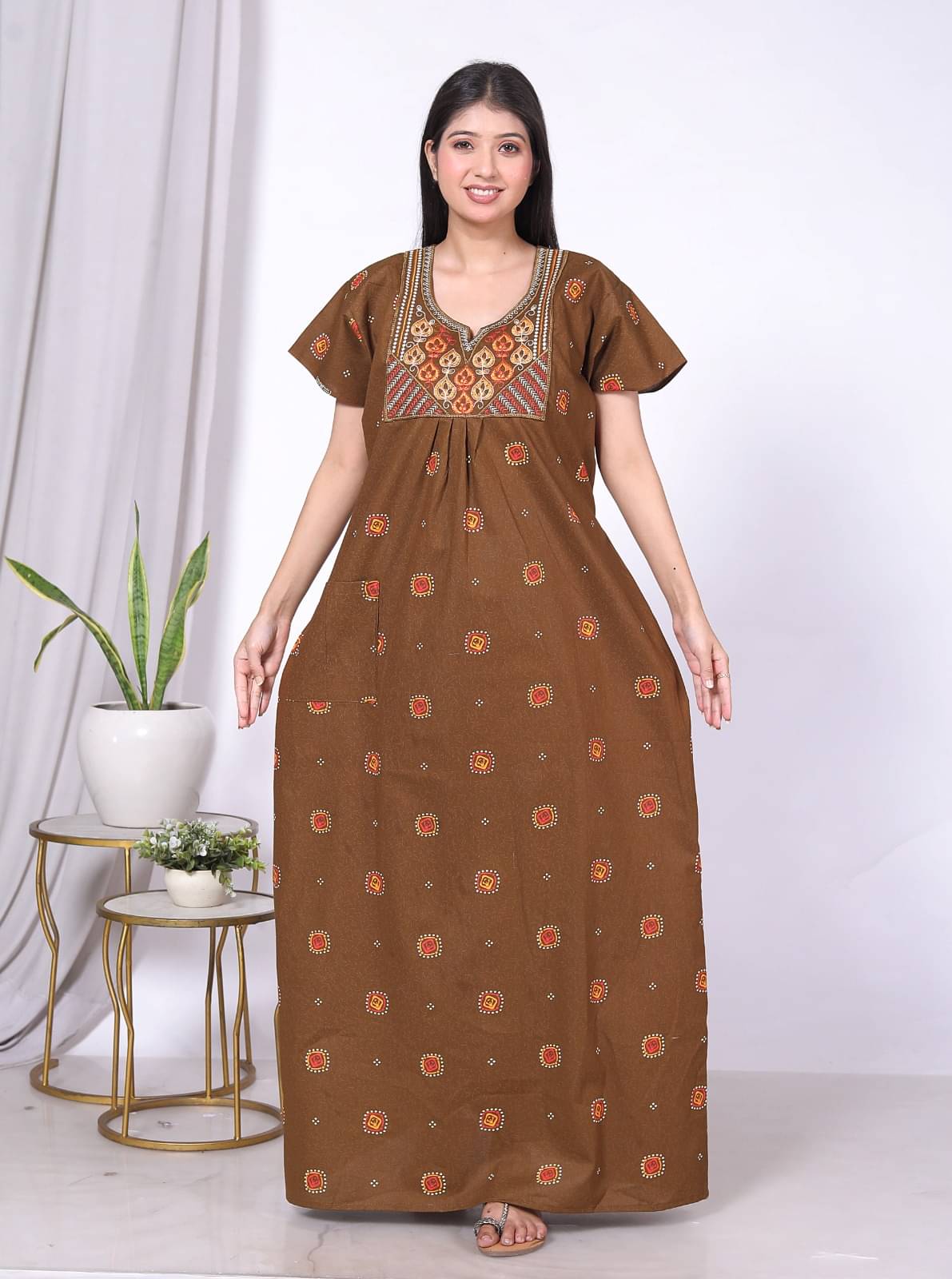 K.D.PRINTS Brown Cotton Women's Nightwear Nighty & Night Gowns ( Pack of 1 ) K.D.PRINTS Brown Cotton Women's Nightwear Nighty & Night Gowns ( Pack of 1 )