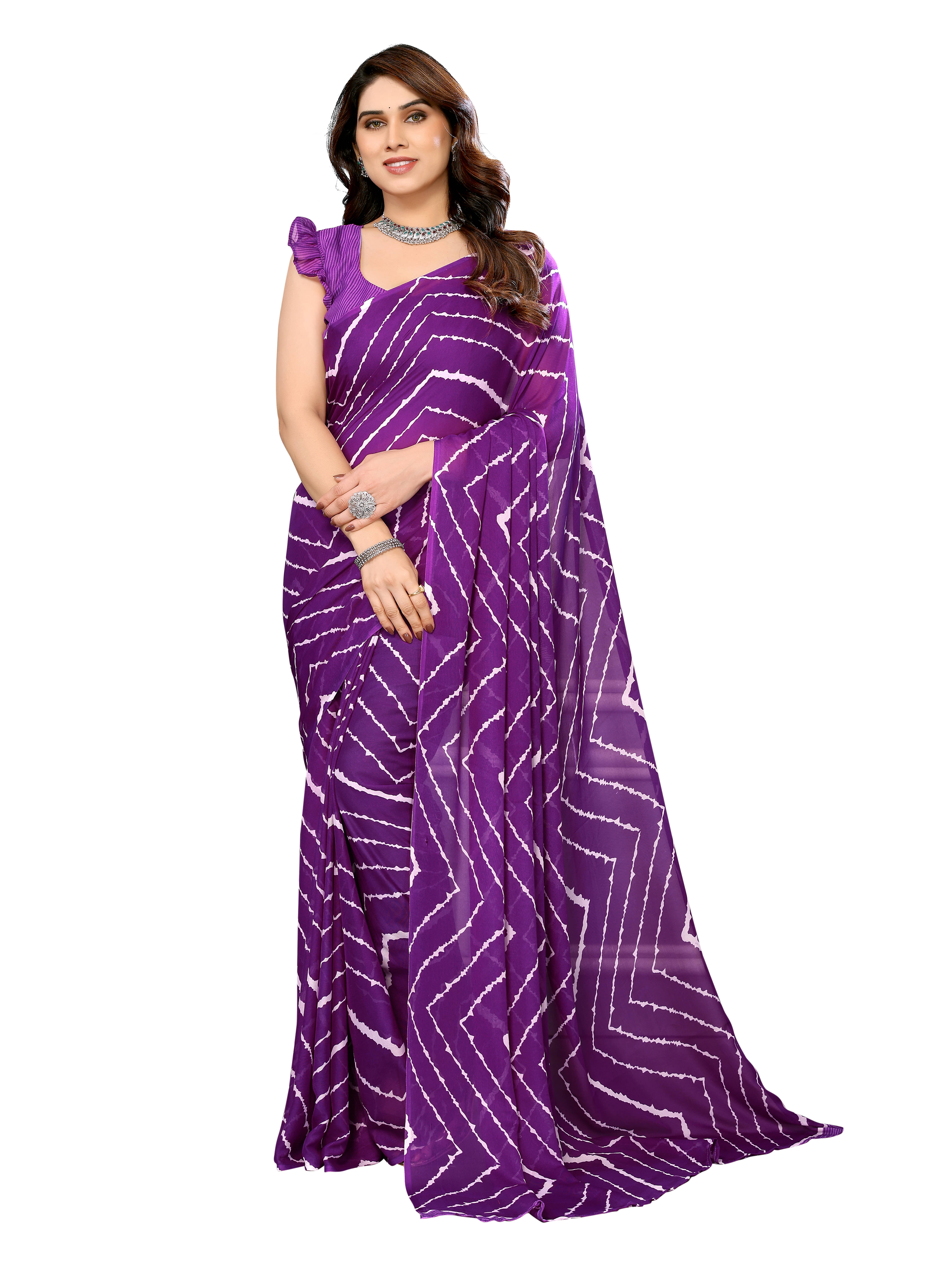     			Kashvi Sarees Georgette Printed Leheriya Saree With Unstitched Blouse Piece ( Purple )