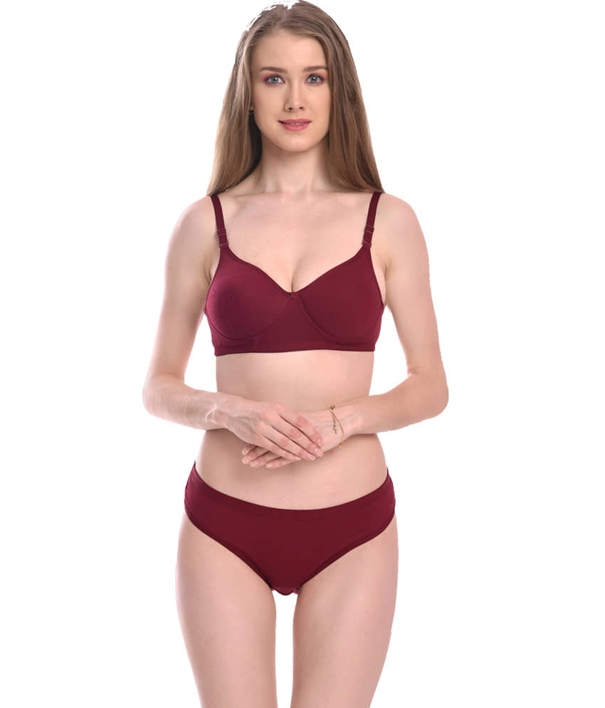 LEORBIX Pack of 1 Cotton Blend Bra & Panty Set For Women ( Maroon )