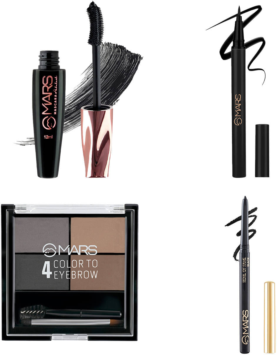 MARS Fabulash Mascara, Eyeliner, Kajal and 4 Eyebrow Powder Cake Palette With 2 Brush 21.3 ml (black)     			MARS Fabulash Mascara, Eyeliner, Kajal and 4 Eyebrow Powder Cake Palette With 2 Brush 21.3 ml (black)