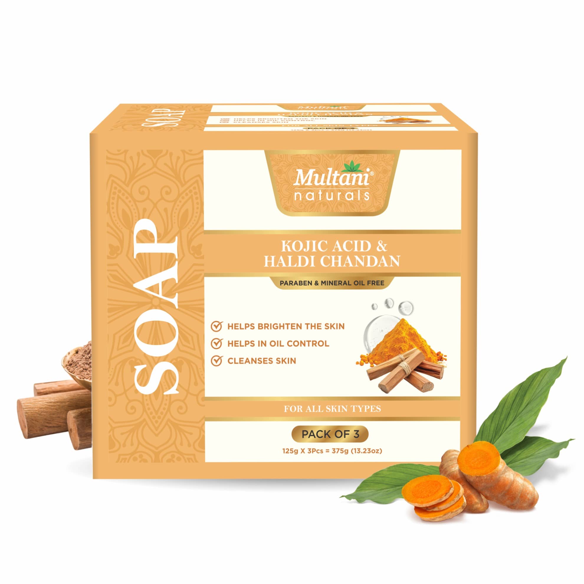 Multani Naturals Kojic Acid & Haldi Chandan Soap For Tan Skin Brightening, Oil Control & Deep Cleansing 125gms (Pack of 3)