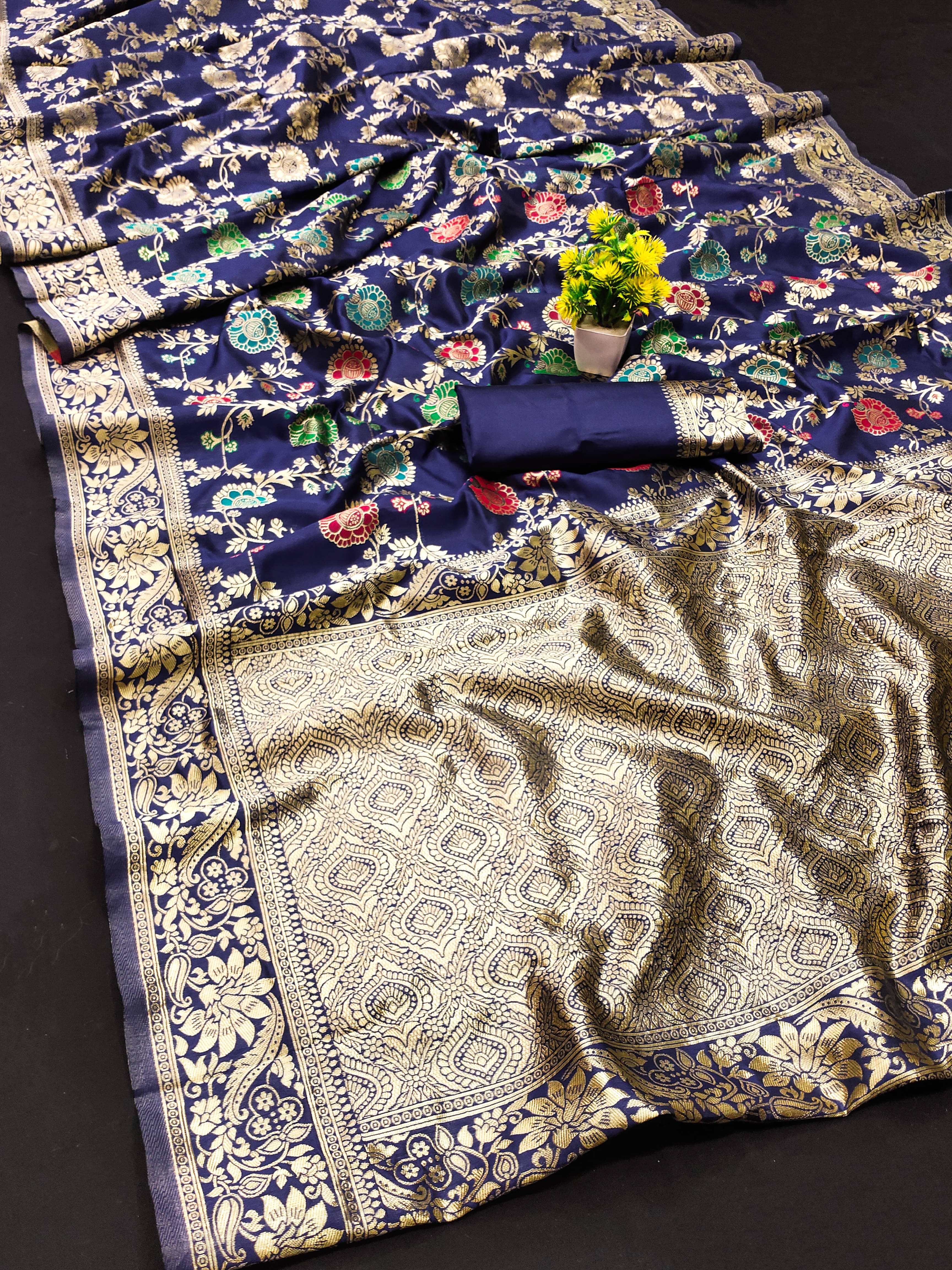 Maayro Silk Blend Embellished Banarasi saree With Unstitched Blouse Piece ( Navy Blue ) Maayro Silk Blend Embellished Banarasi saree With Unstitched Blouse Piece ( Navy Blue )